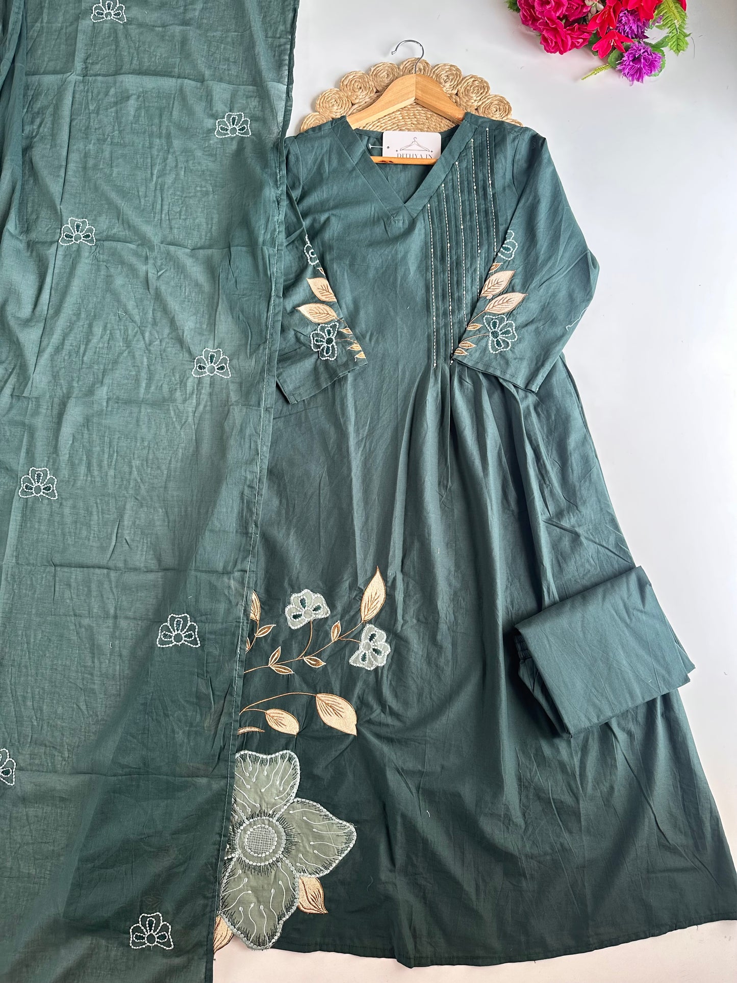 K715 - Mul cotton embroidered Aline Kurti with pants and dupatta