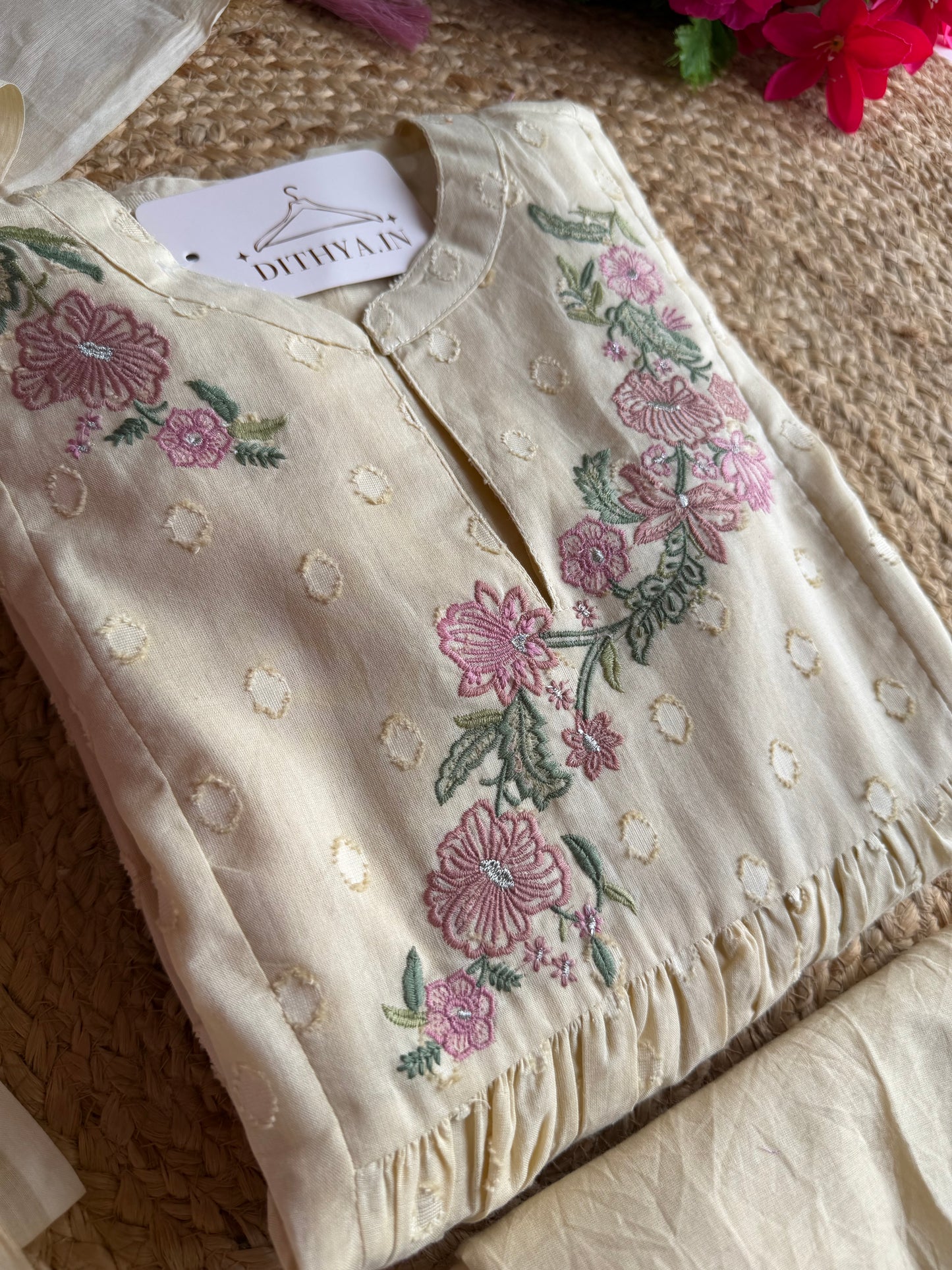 K296 - Mul cotton floral embroidered Anarkali with pants and dupatta