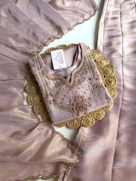 K191 - Tissue silk handwork Short Kurti with divider pants