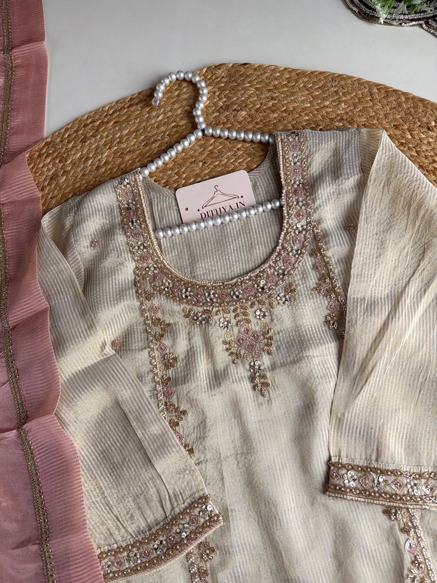 K172 - Tissue silk Handwork straight Kurti with pants and dupatta