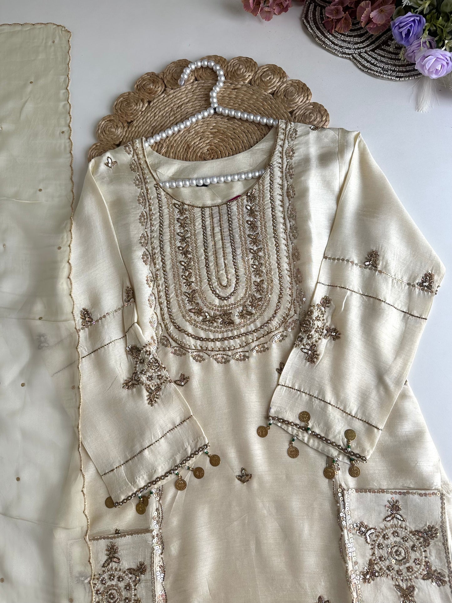 K188 - Russian silk handwork straight Kurti with pants and dupatta in 2 colours