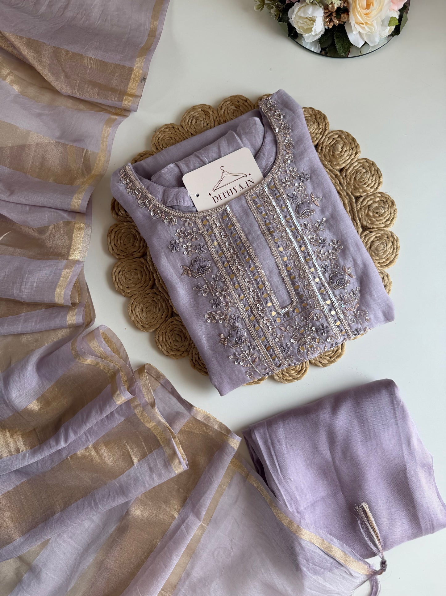 K493 - Mul chanderi handwork aline Kurti with pants and dupatta