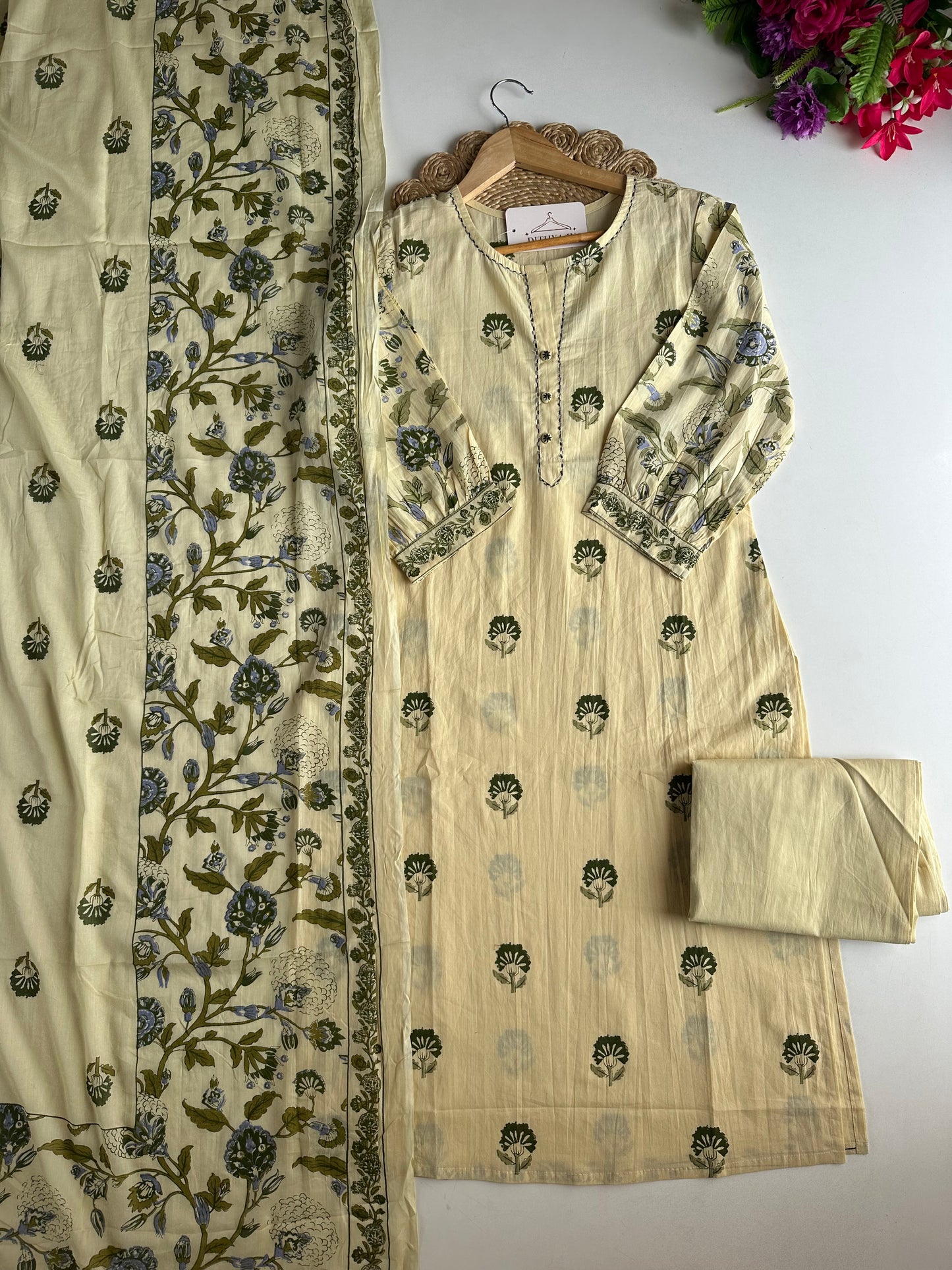 K666 - Mul cotton embroidered straight Kurti with pants and dupatta