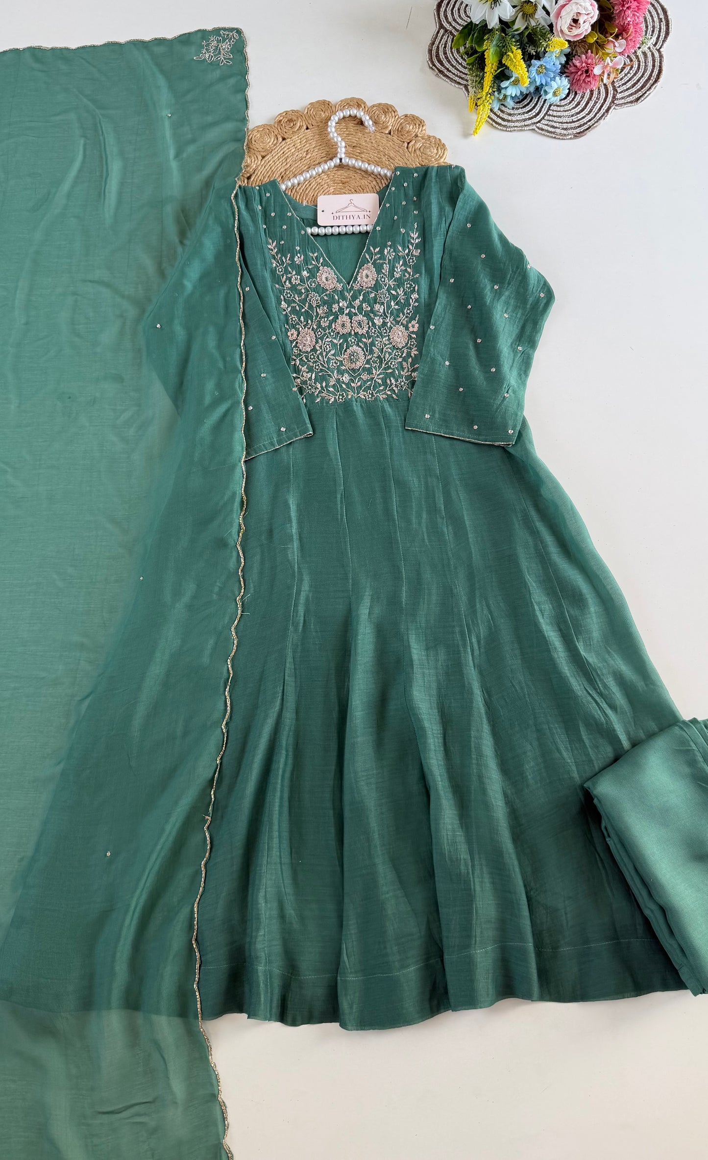 K540 - Mul chanderi handwork Anarkali with pants and dupatta