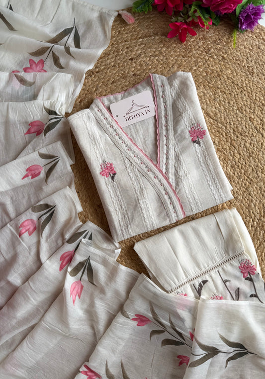 K119 - Linen cotton embroidered straight Kurti with pants and dupatta