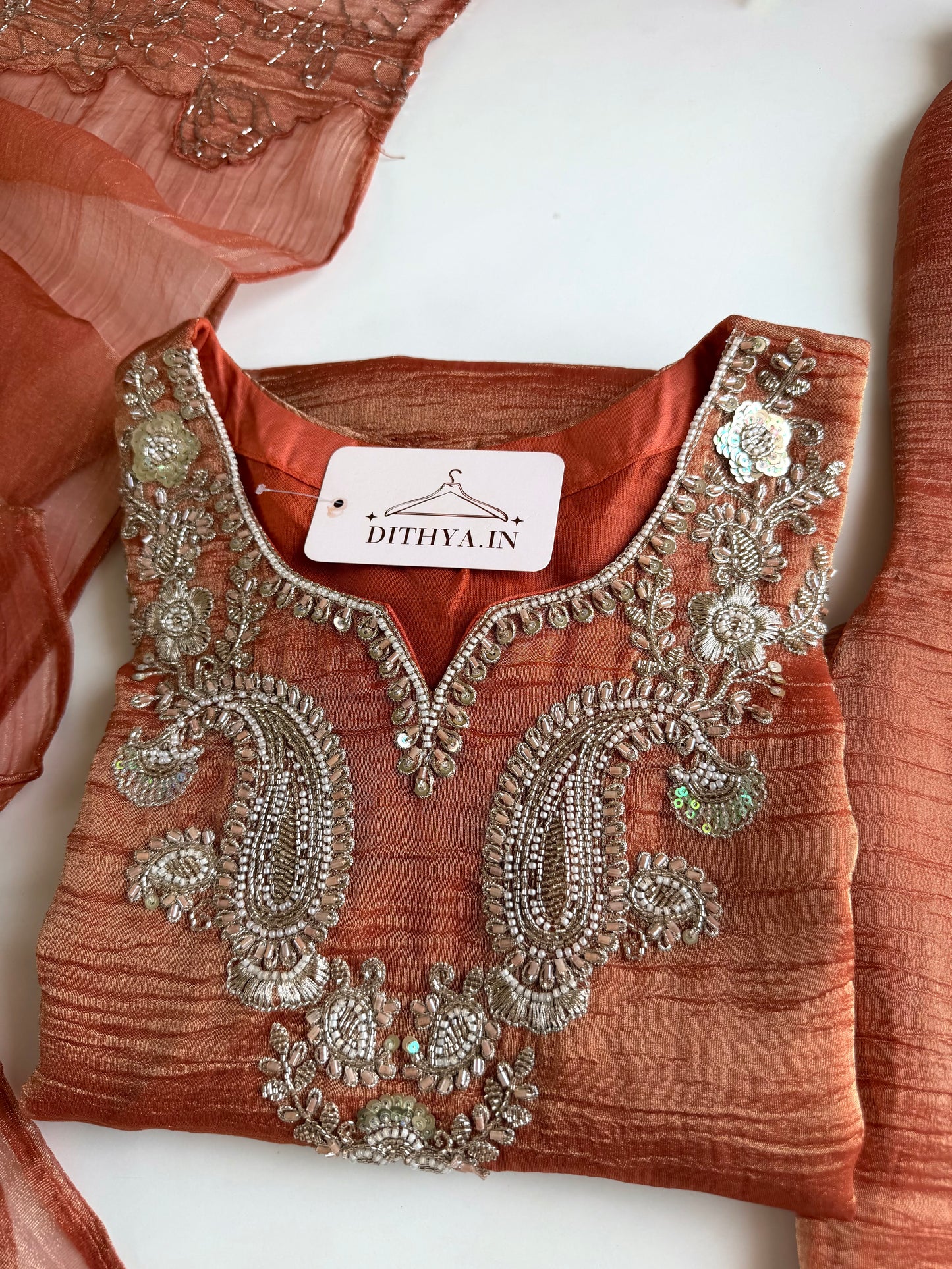 K047 - Crushed tissue handwork short Kurti with divider pants and dupatta