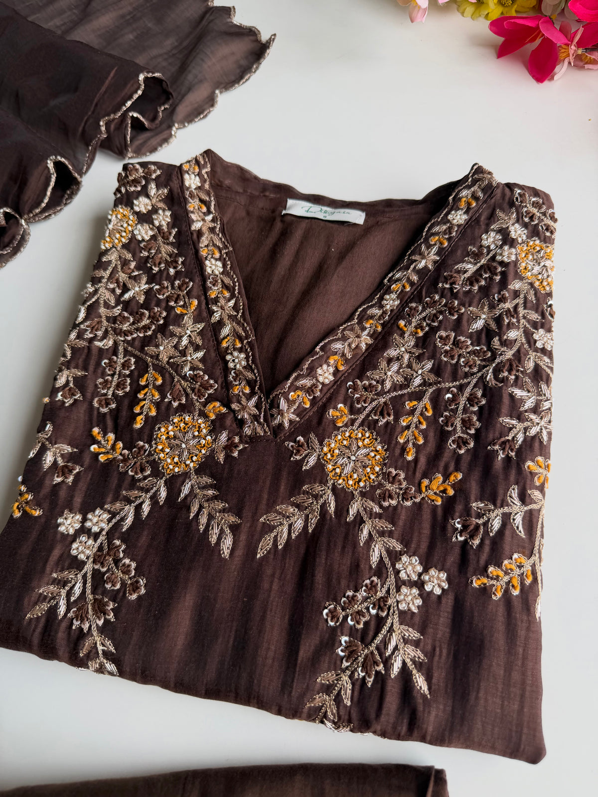 K122 - Mul chanderi handwork straight Kurti with pants and dupatta