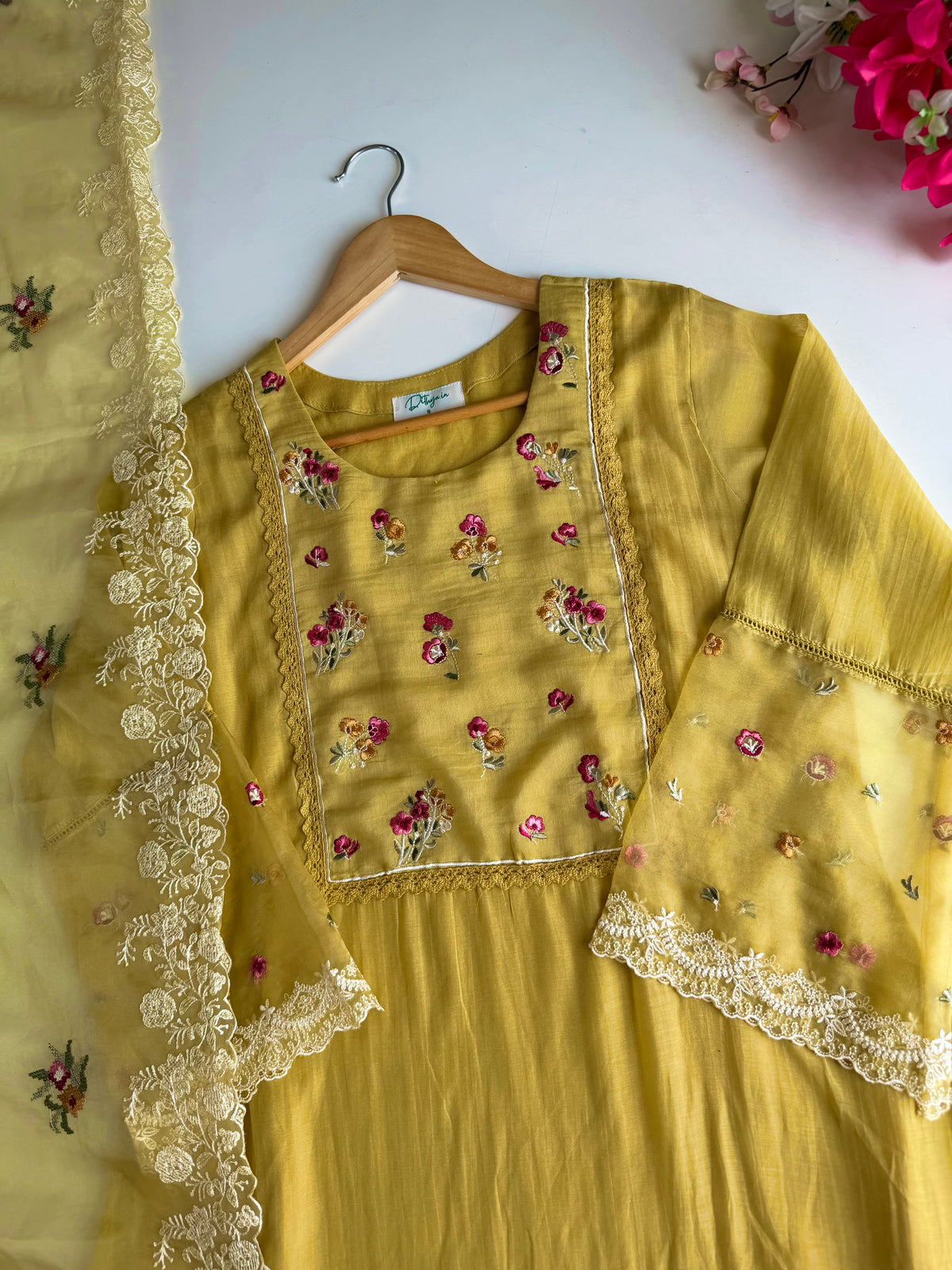 K602 - Mul chanderi embroidered net lace work Aline Kurti with pants and dupatta