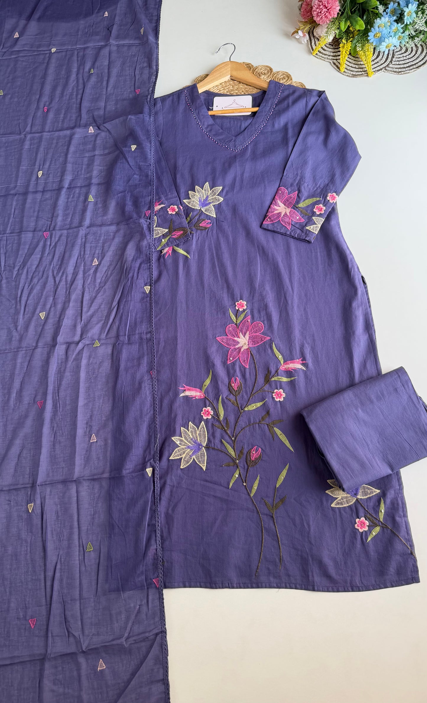 K688 - Mul cotton embroidered straight Kurti with pants and dupatta