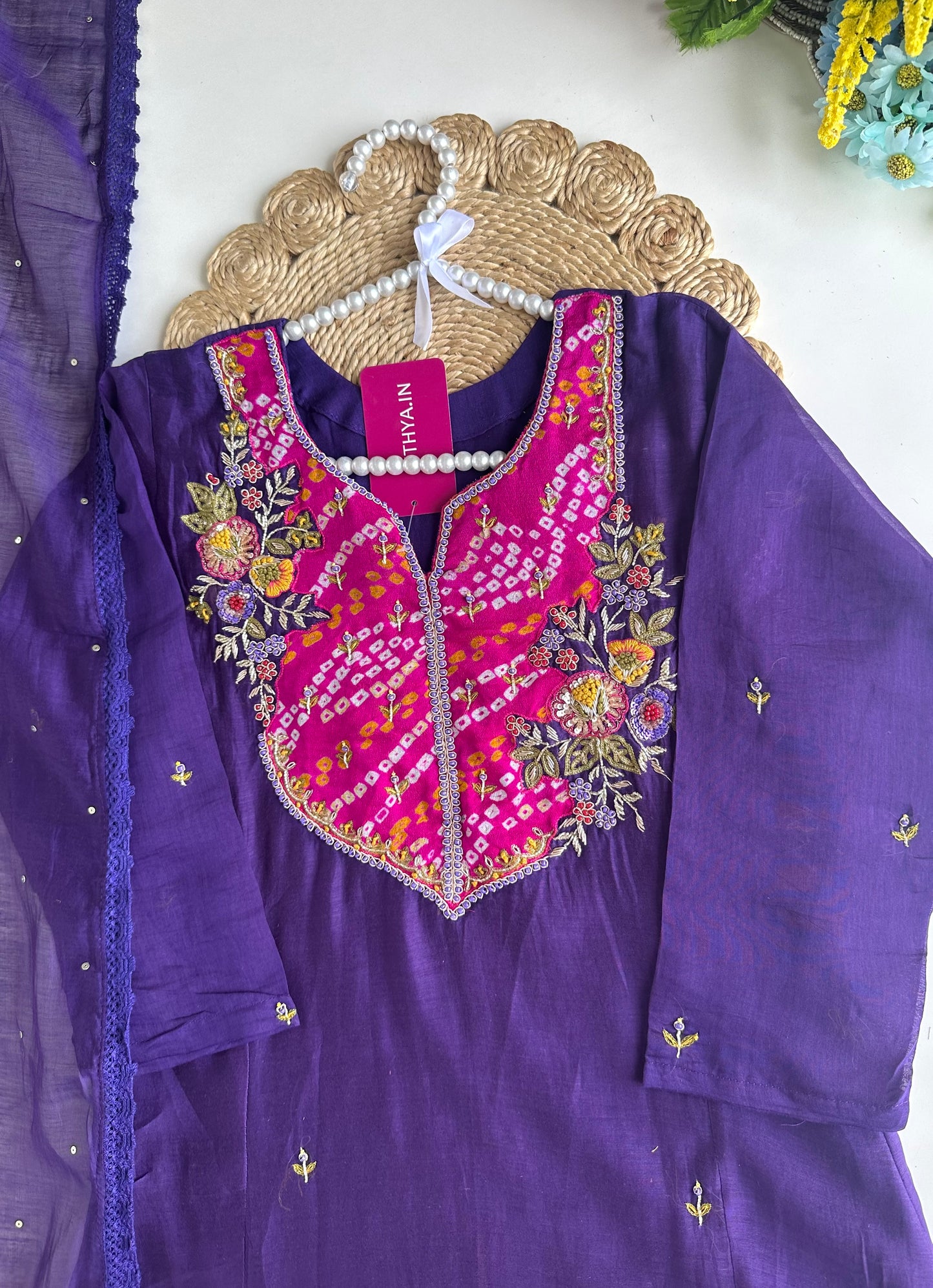 K085 - Mul Chanderi Handwork Aline Kurti with pants and dupatta