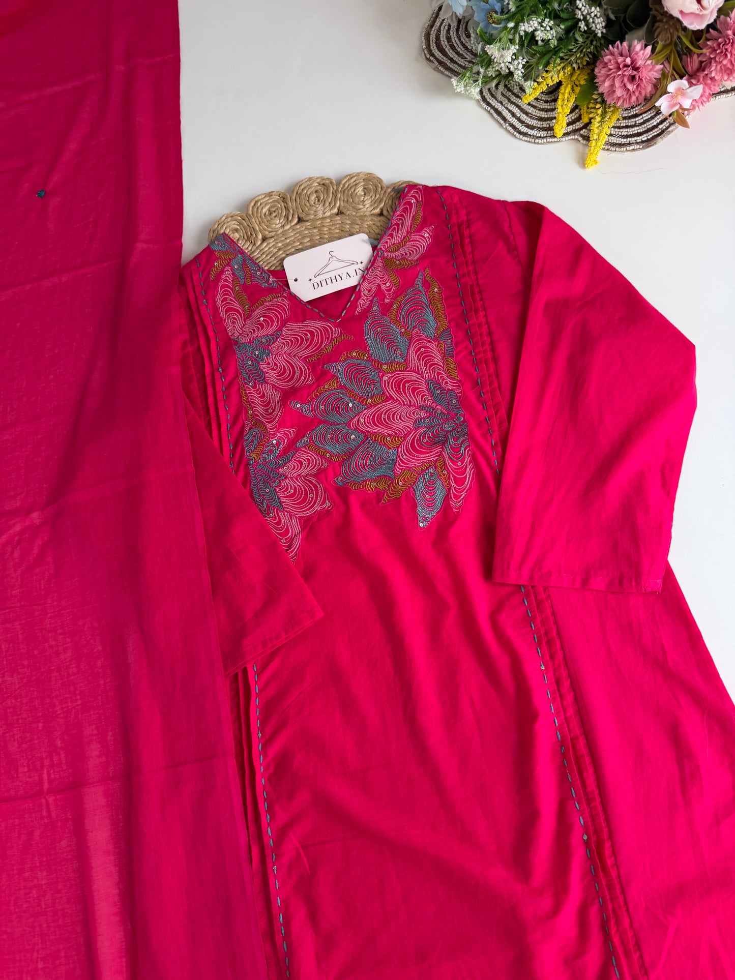 K644 - Mul cotton embroidered straight Kurti with pants and dupatta