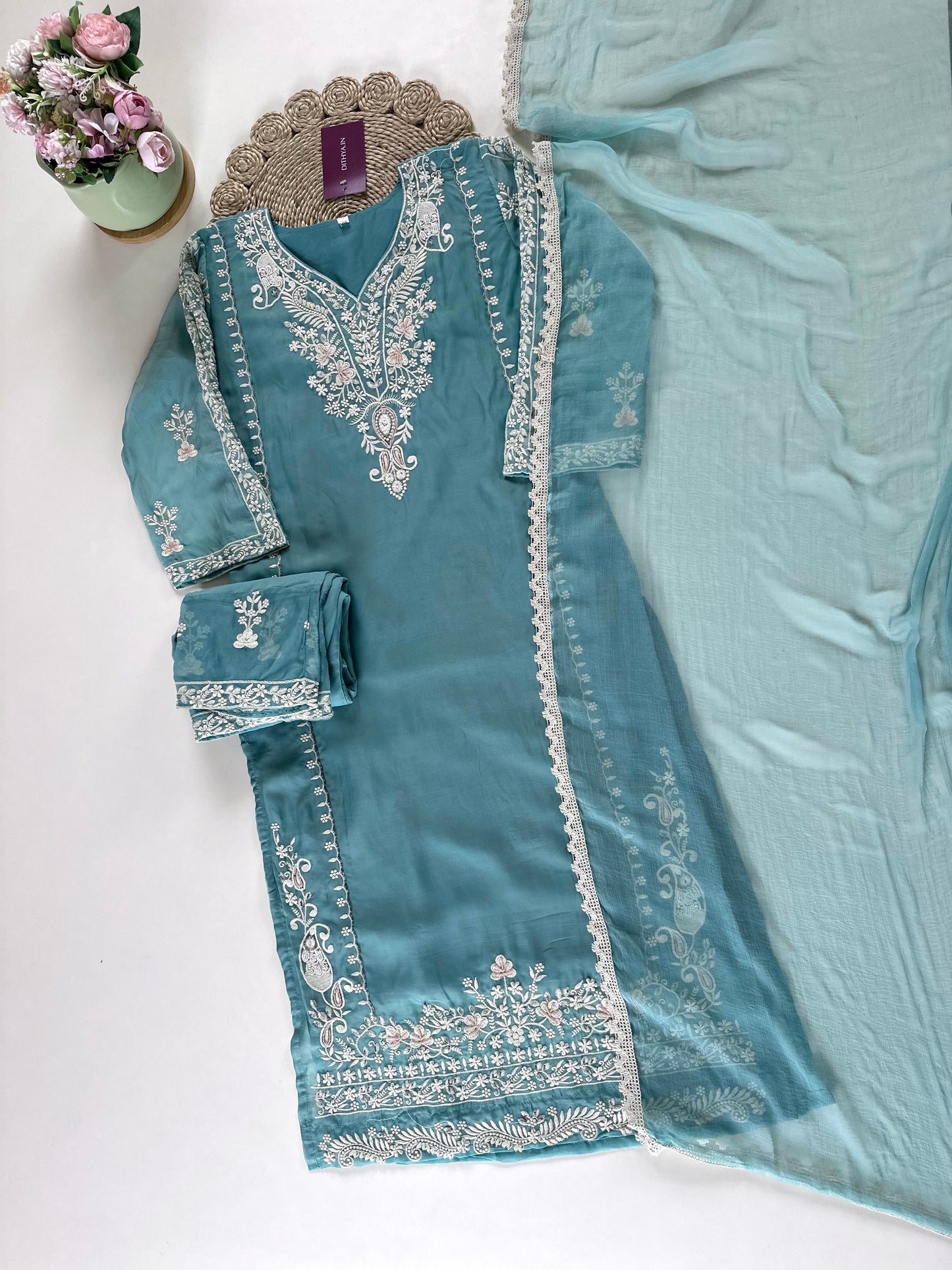 K228 - Georgette Embroidered Straight kurti with pants and chiffon dupatta .