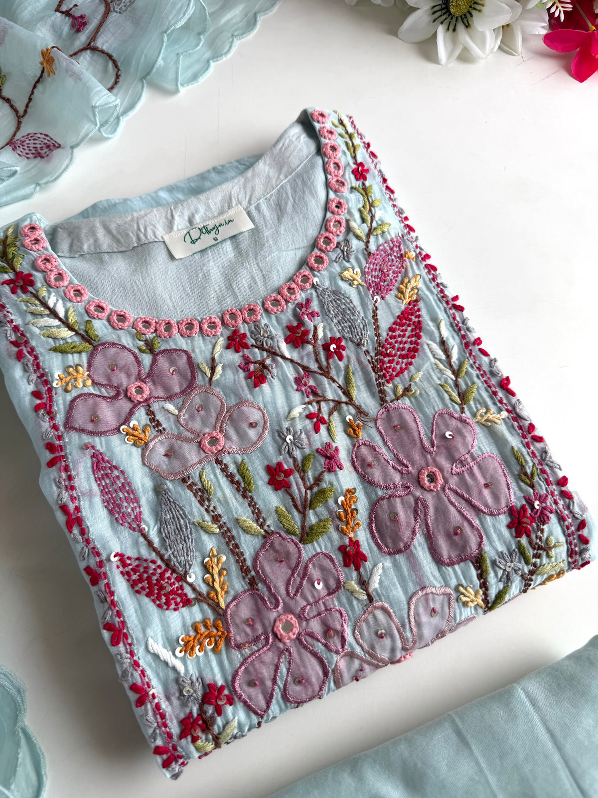 K464 - Mul chanderi embroidered straight Kurti with pants and dupatta