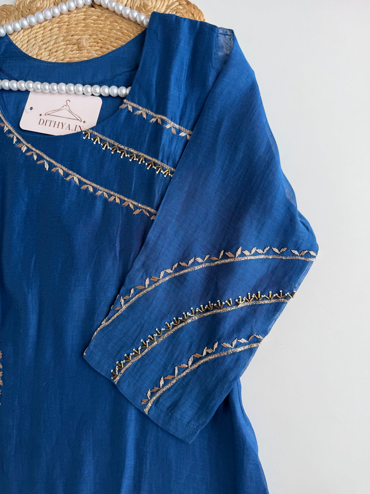 K063 - Mul chanderi cutdhana handwork Aline Kurti with pants and dupatta