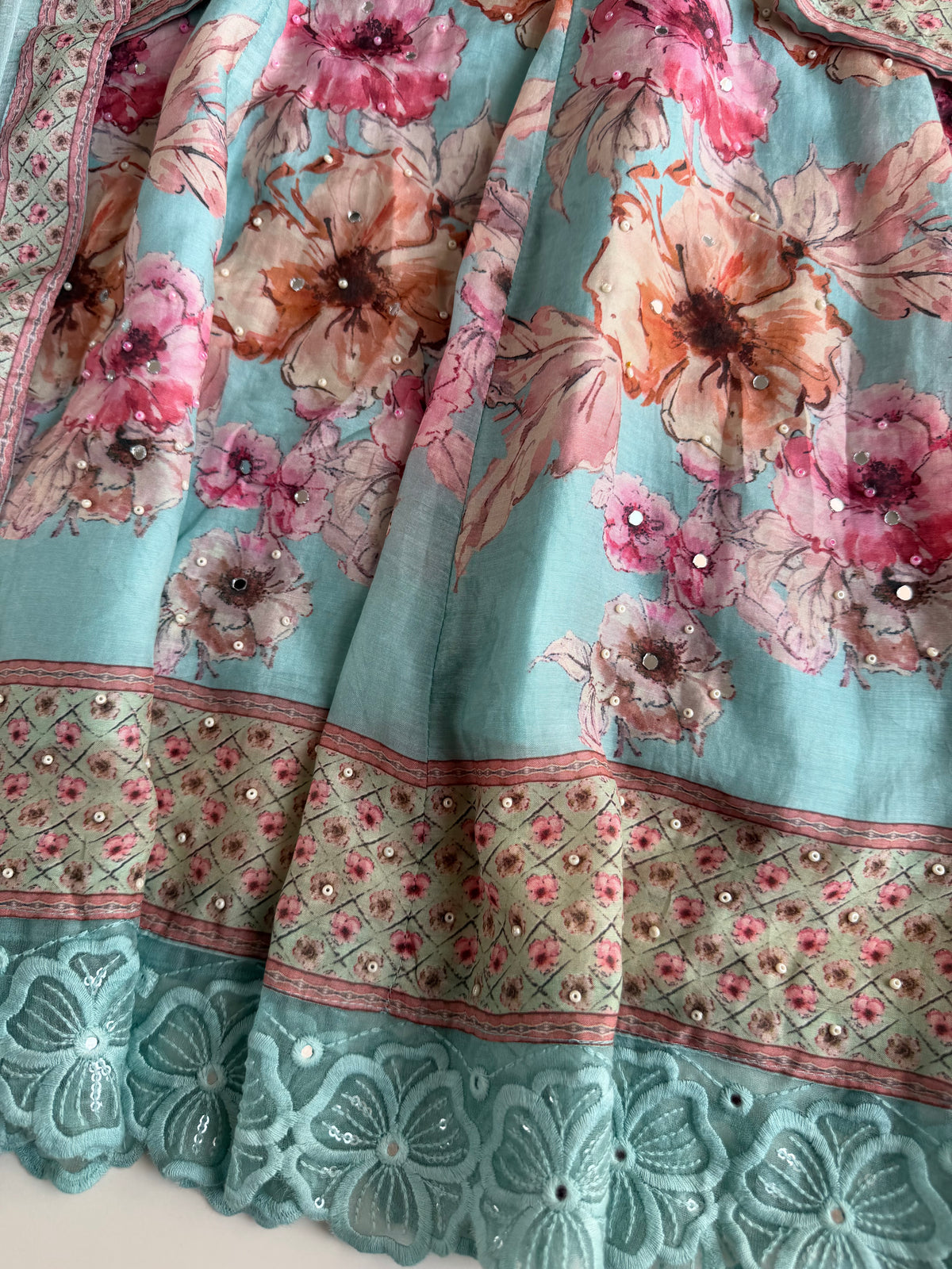 K719 - Floral Pure muslin embroidered farshi salwar with pants and dupatta