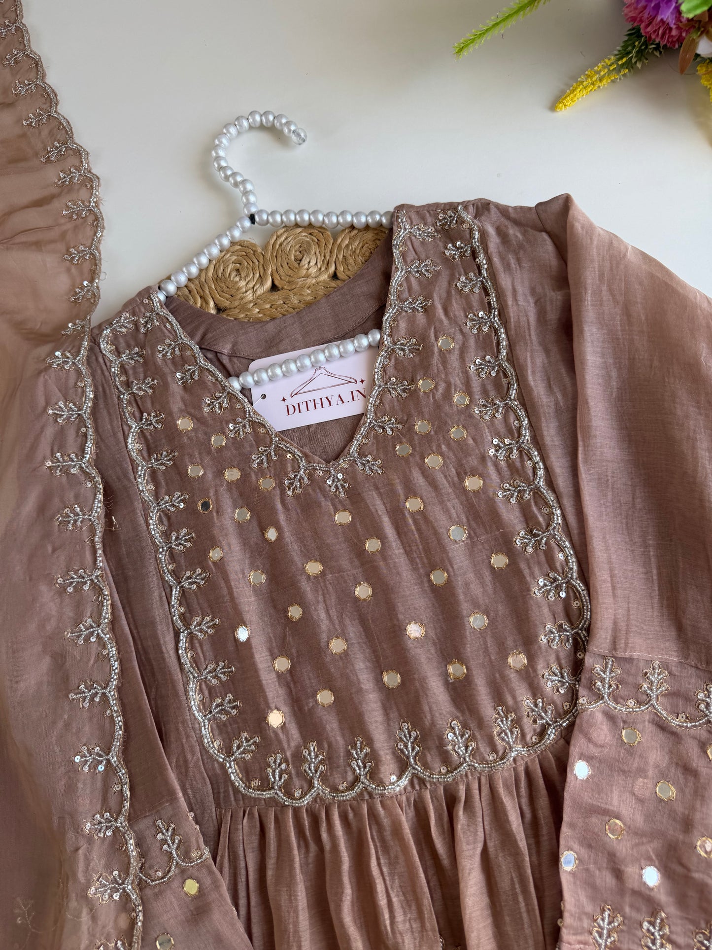 K278 - Mul chanderi mirror handwork Anarkali with pants and dupatta