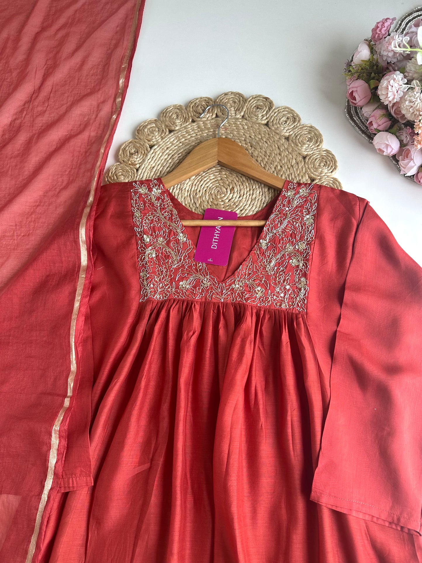 K235 - Mul Chanderi zari work Aline Kurti with pants and dupatta