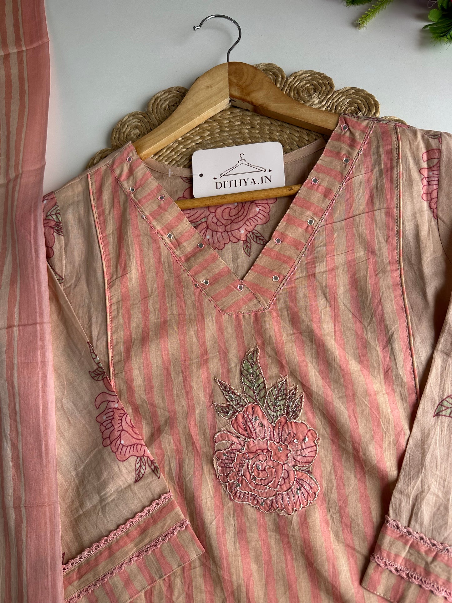 K629 - Mul cotton embroidered Aline Kurti with pants and dupatta