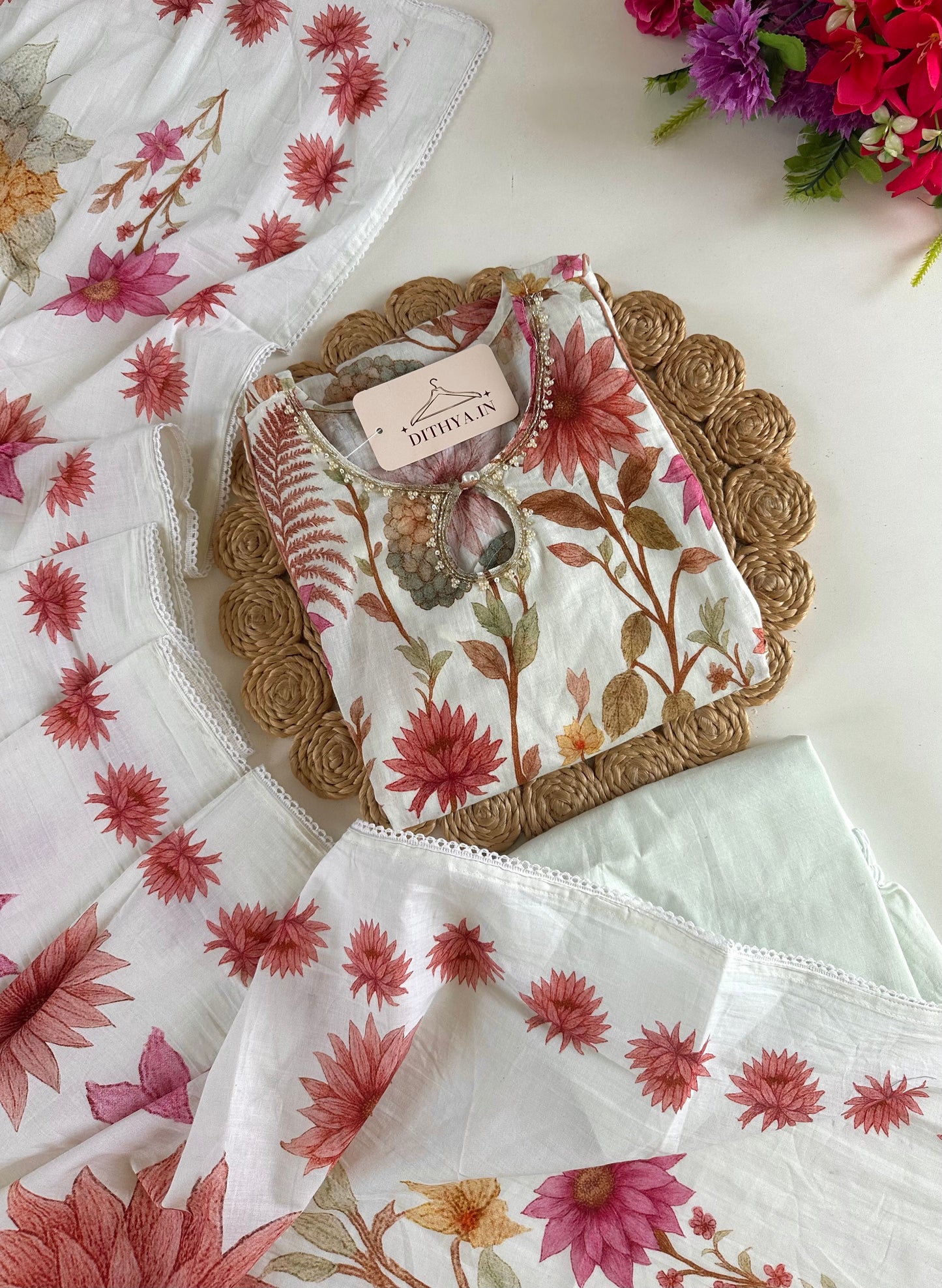 K279 - Mul cotton floral Aline Kurti with pants and dupatta