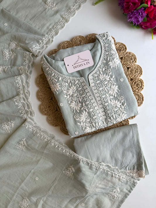 K698 - Crushed mul chanderi embroidered straight Kurti with pants and dupatta