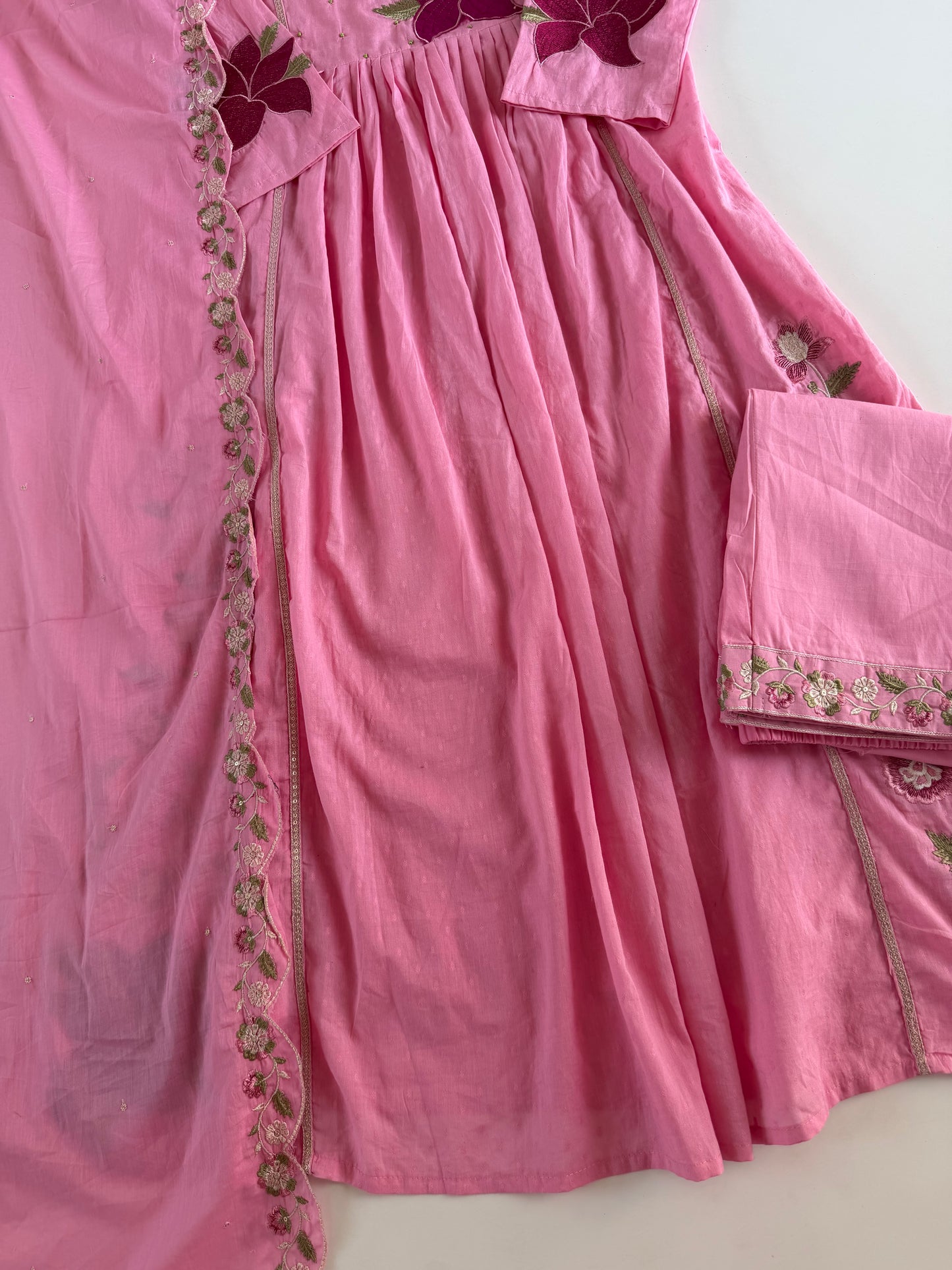 K215 - Mulmul cotton embroidered Anarkali with pants and dupatta