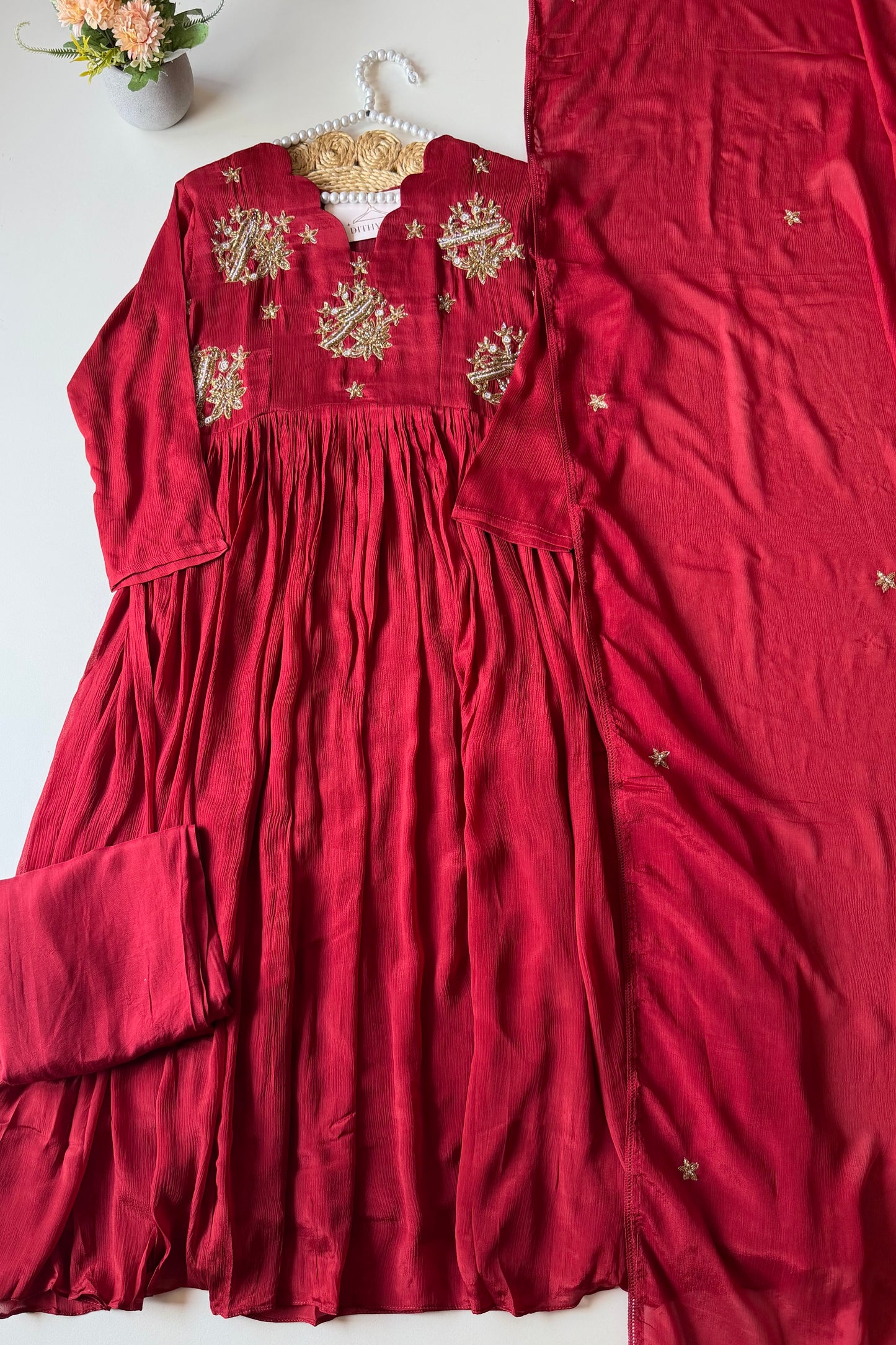 K403 - Chinnon zardosi work Anarkali with pants and dupatta