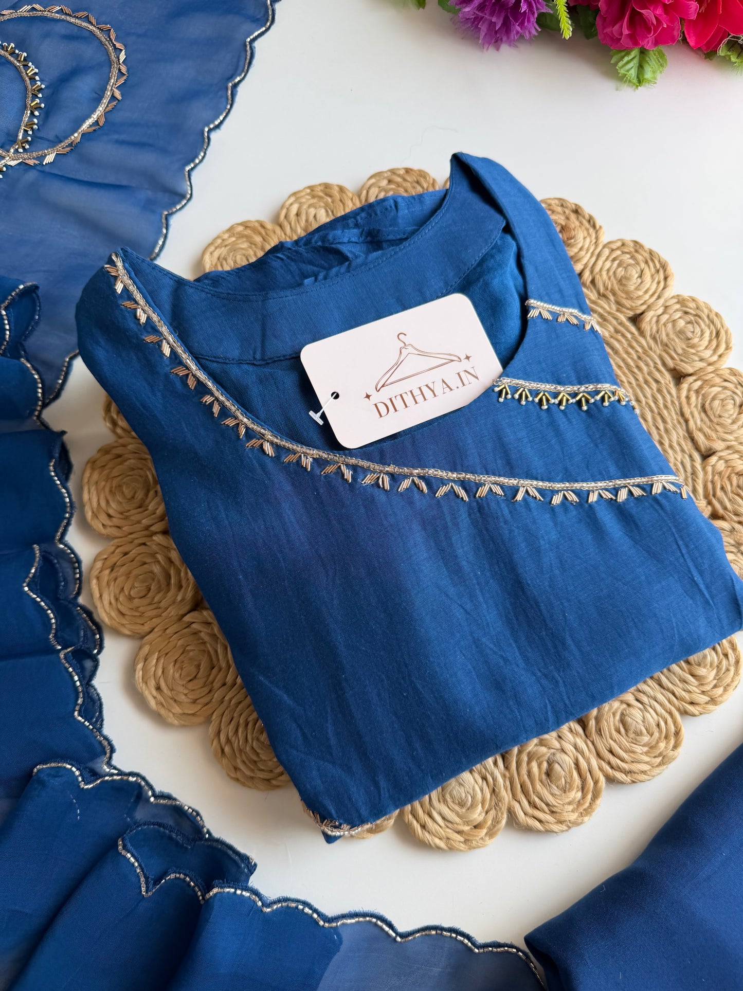 K063 - Mul chanderi cutdhana handwork Aline Kurti with pants and dupatta
