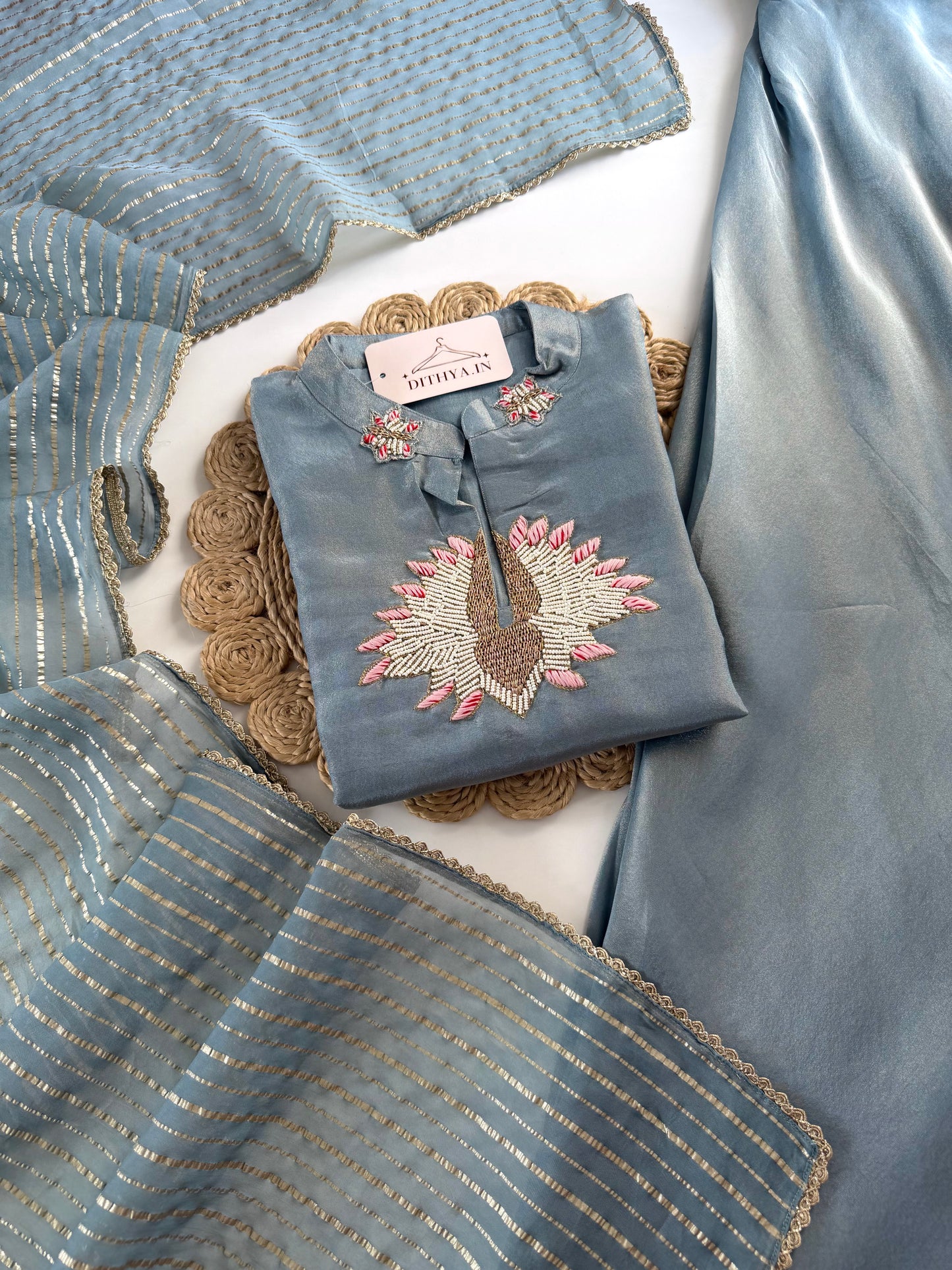 K229 - Tissue silk handwork short Kurti with divider pants and dupatta