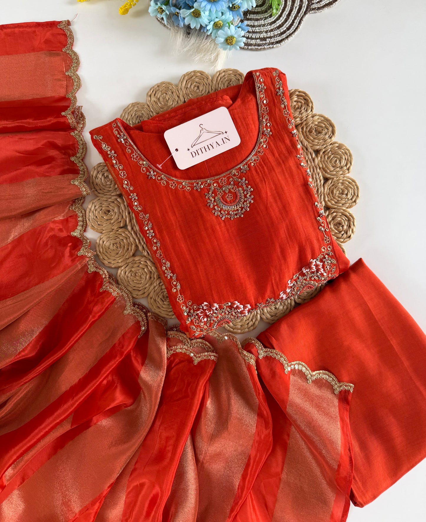 K165 - Mul chanderi handwork aline Kurti with pants and dupatta