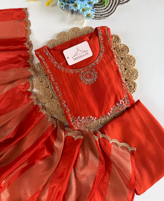 K165 - Mul chanderi handwork aline Kurti with pants and dupatta