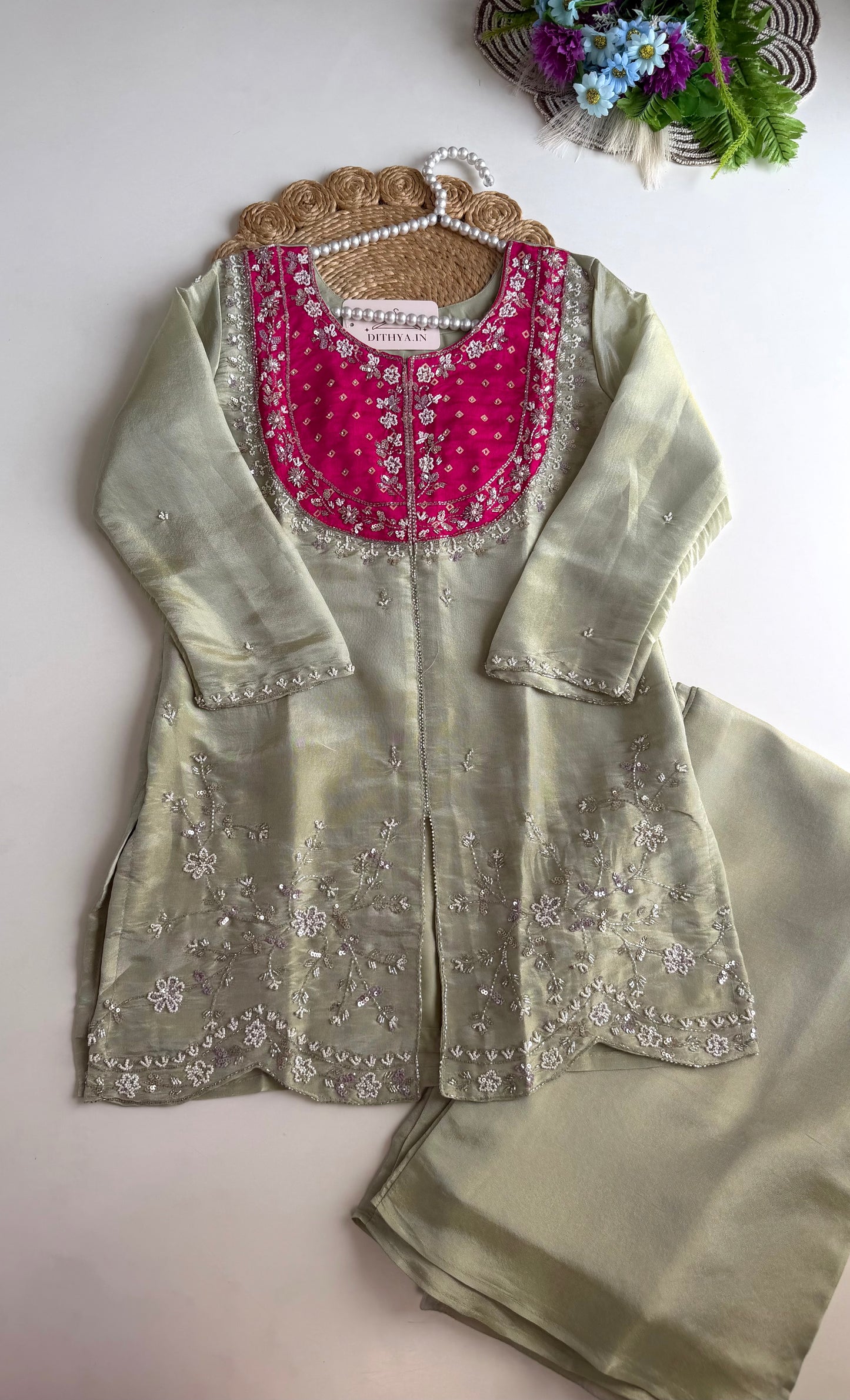 K018 - Tissue silk handwork short Kurti with divider pants