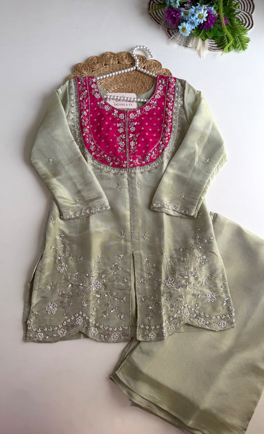 K018 - Tissue silk handwork short Kurti with divider pants