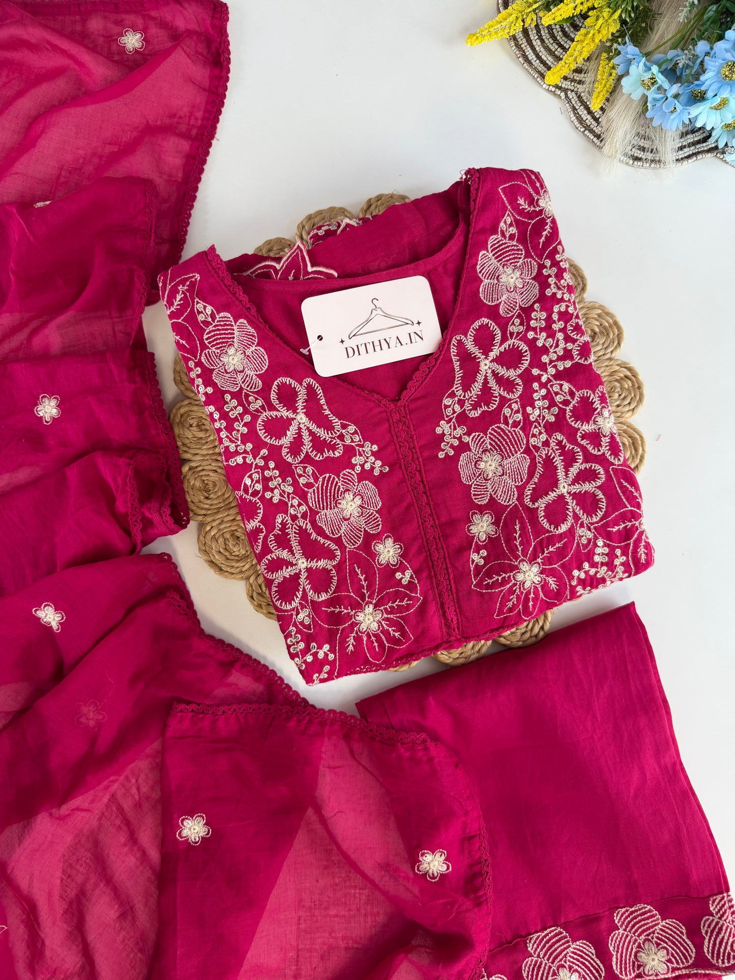 K613 - Mul cotton embroidered Anarkali with pants and dupatta