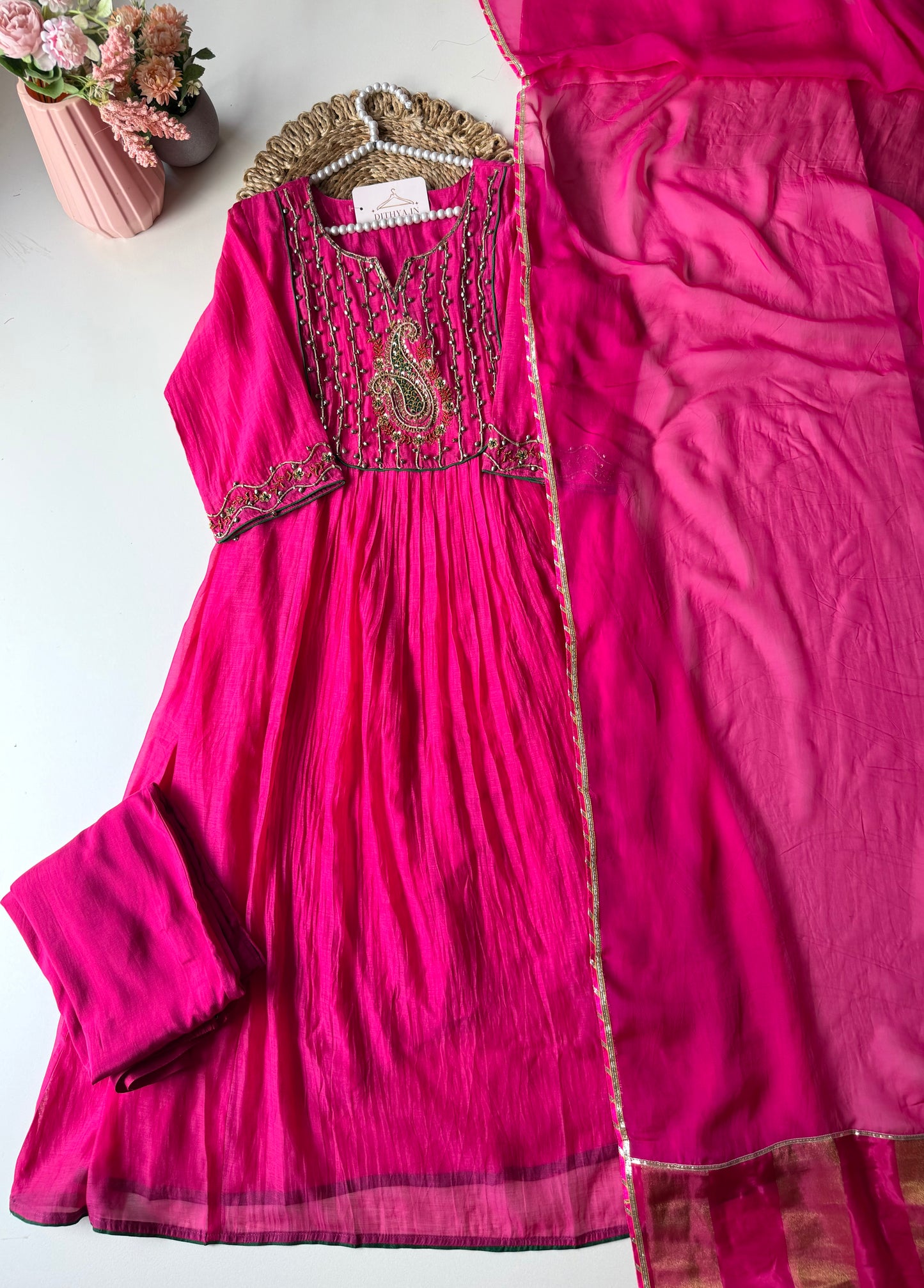 K595 - Mul chanderi ghungroo handwork Anarkali with pants and dupatta