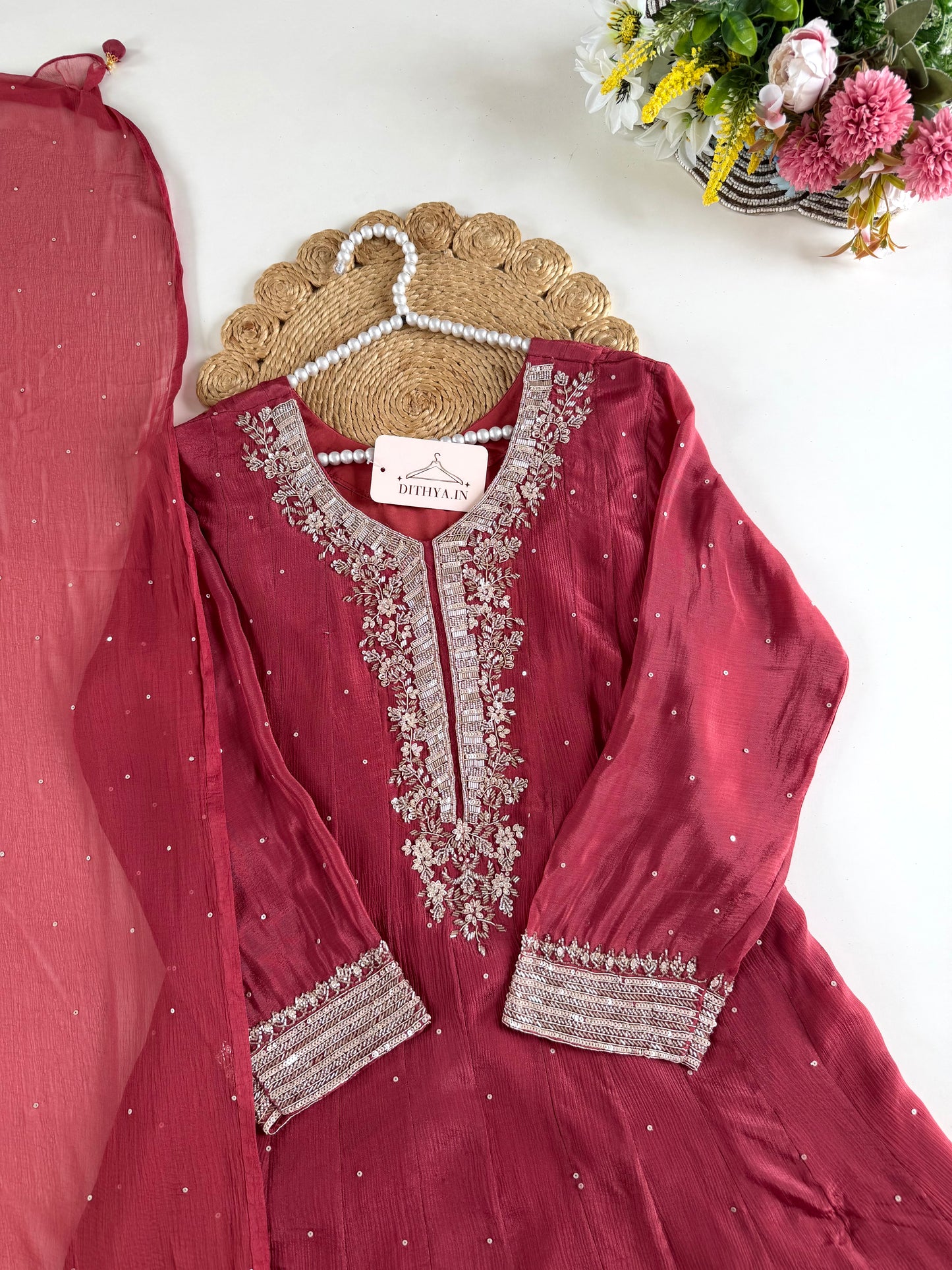 K481 - Pure Chinnon handwork Anarkali with pants and dupatta
