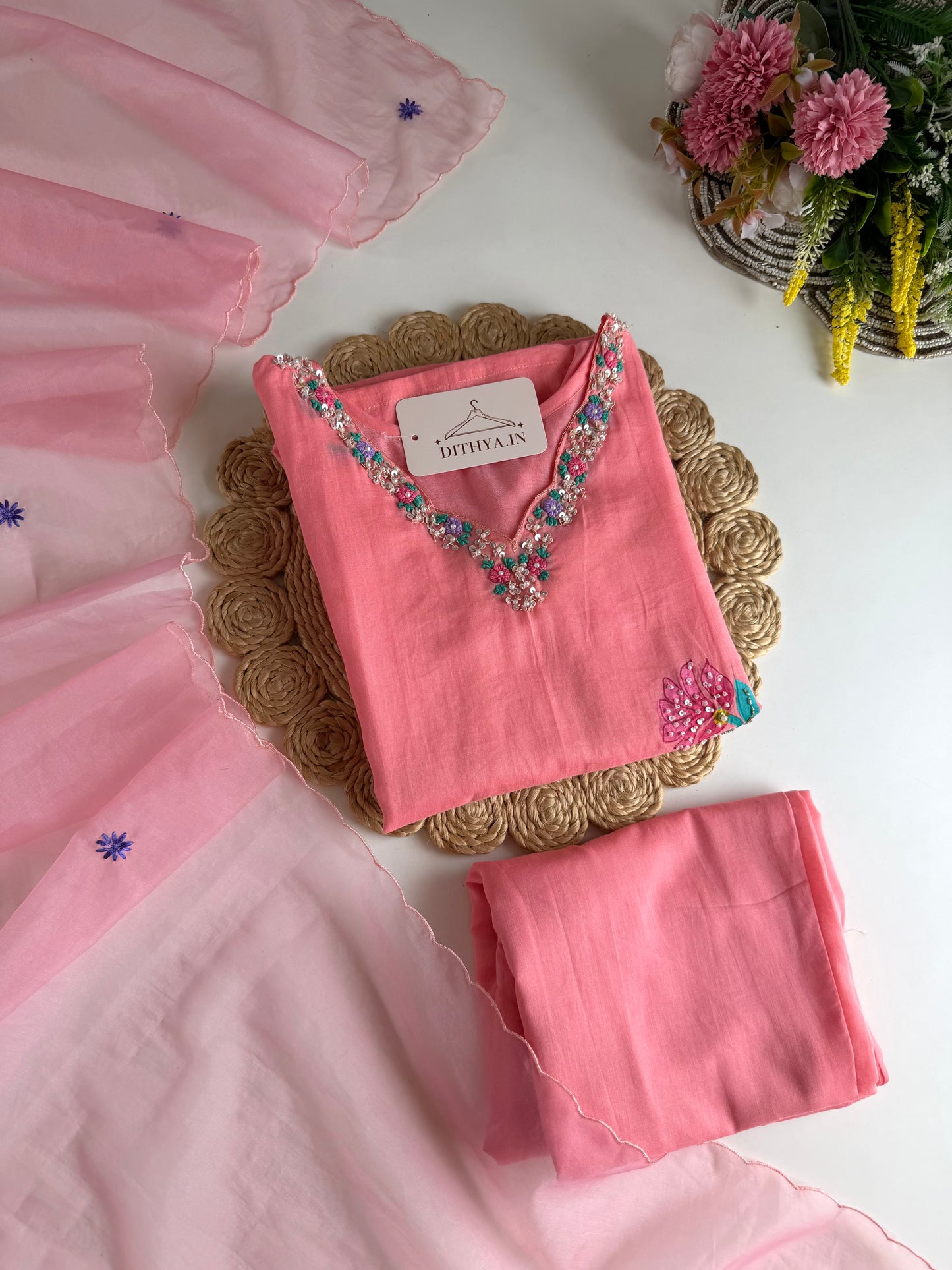 K672 - Mul cotton handwork straight Kurti with pants and dupatta