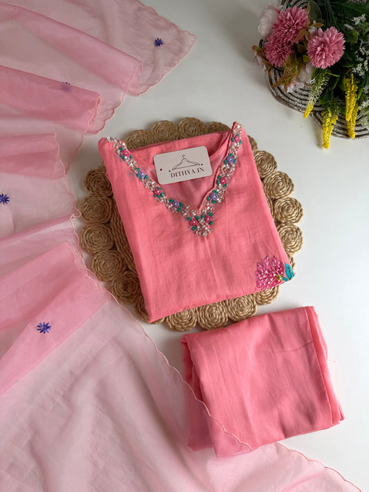 K672 - Mul cotton handwork straight Kurti with pants and dupatta