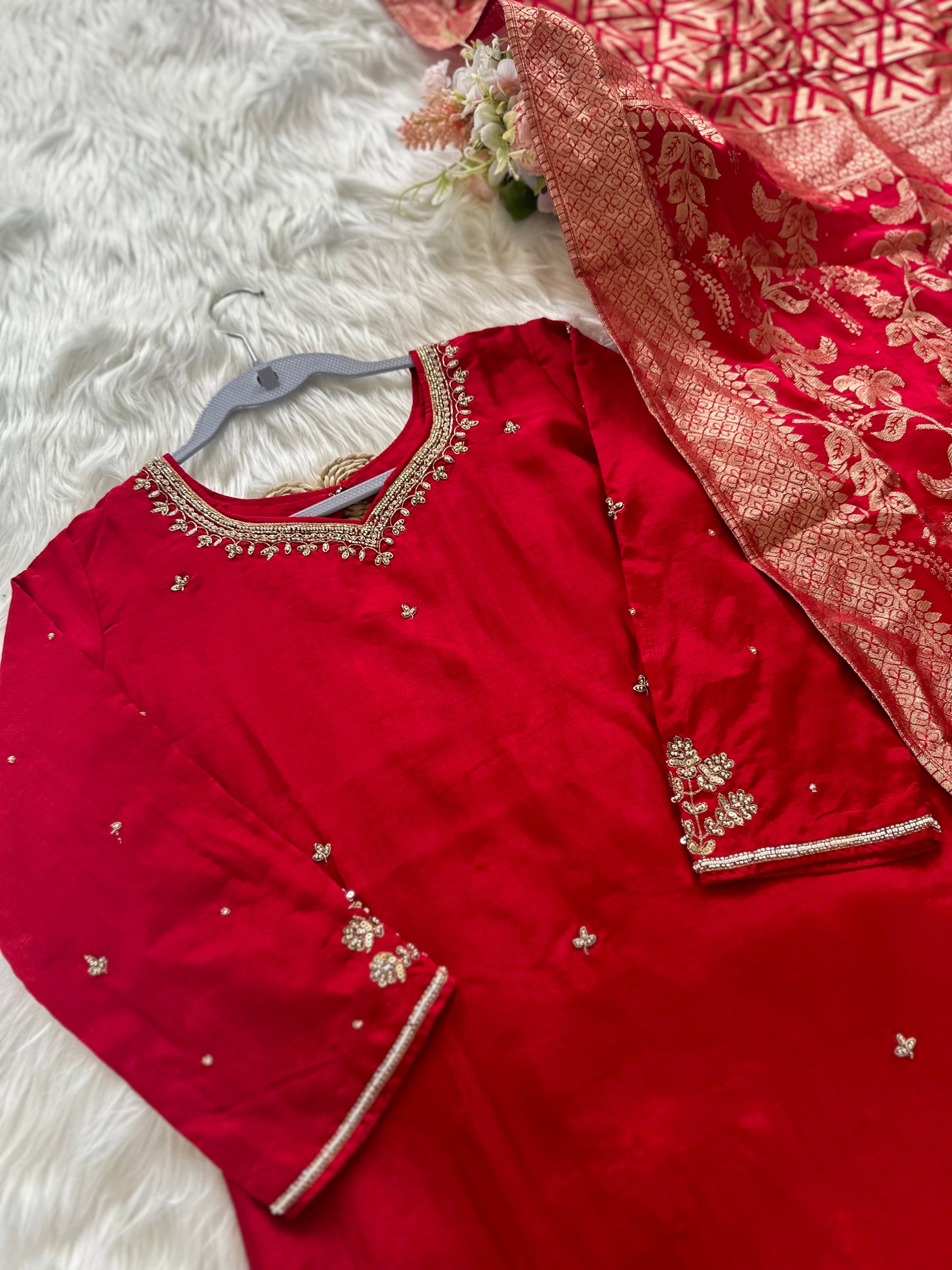 K206 - Russian silk kurti with pants and dupatta - Dithya.in