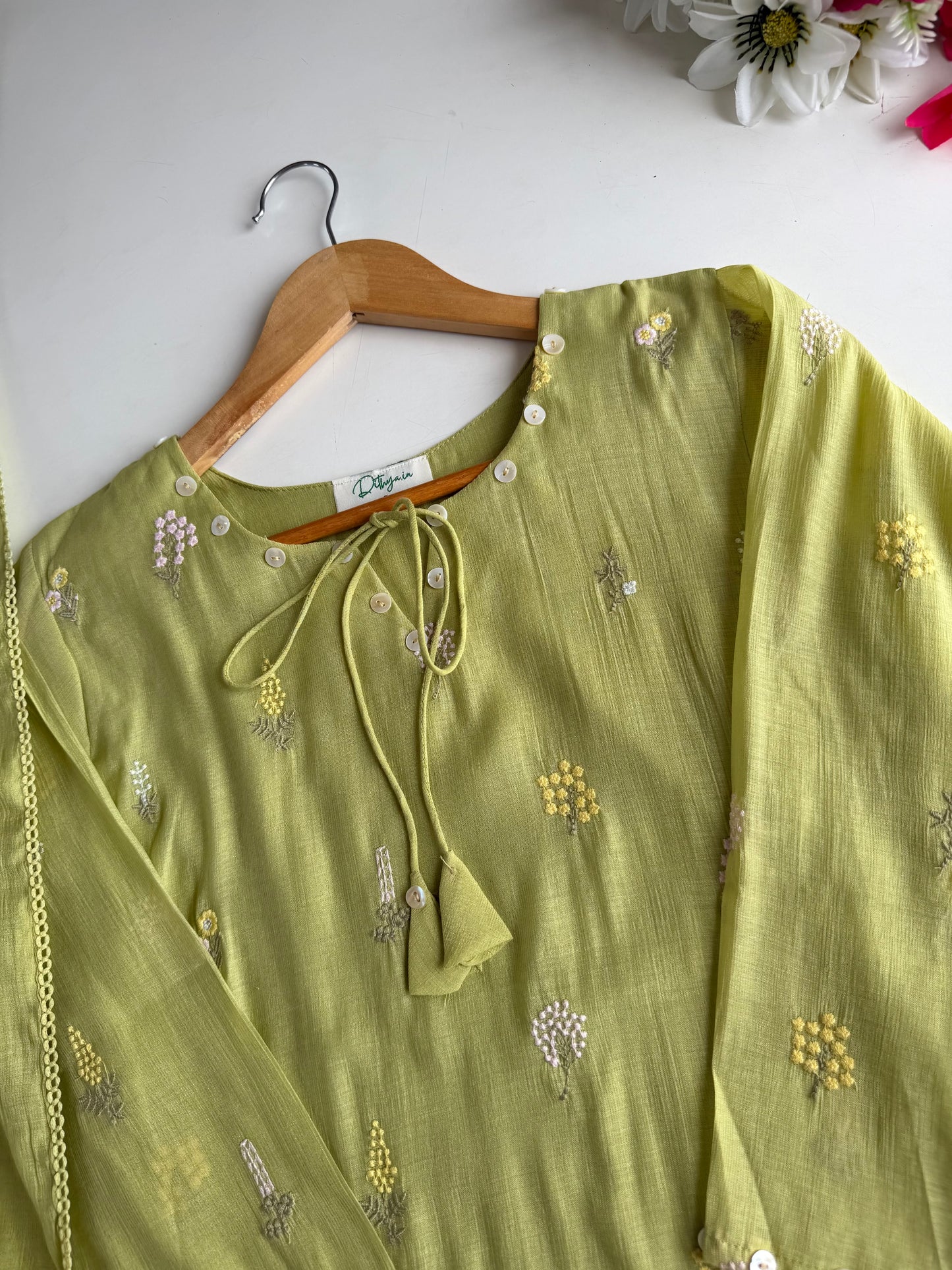 K736 - Surat Mul chanderi paisley embroidered Aline Kurti with pants and dupatta in 2 colours