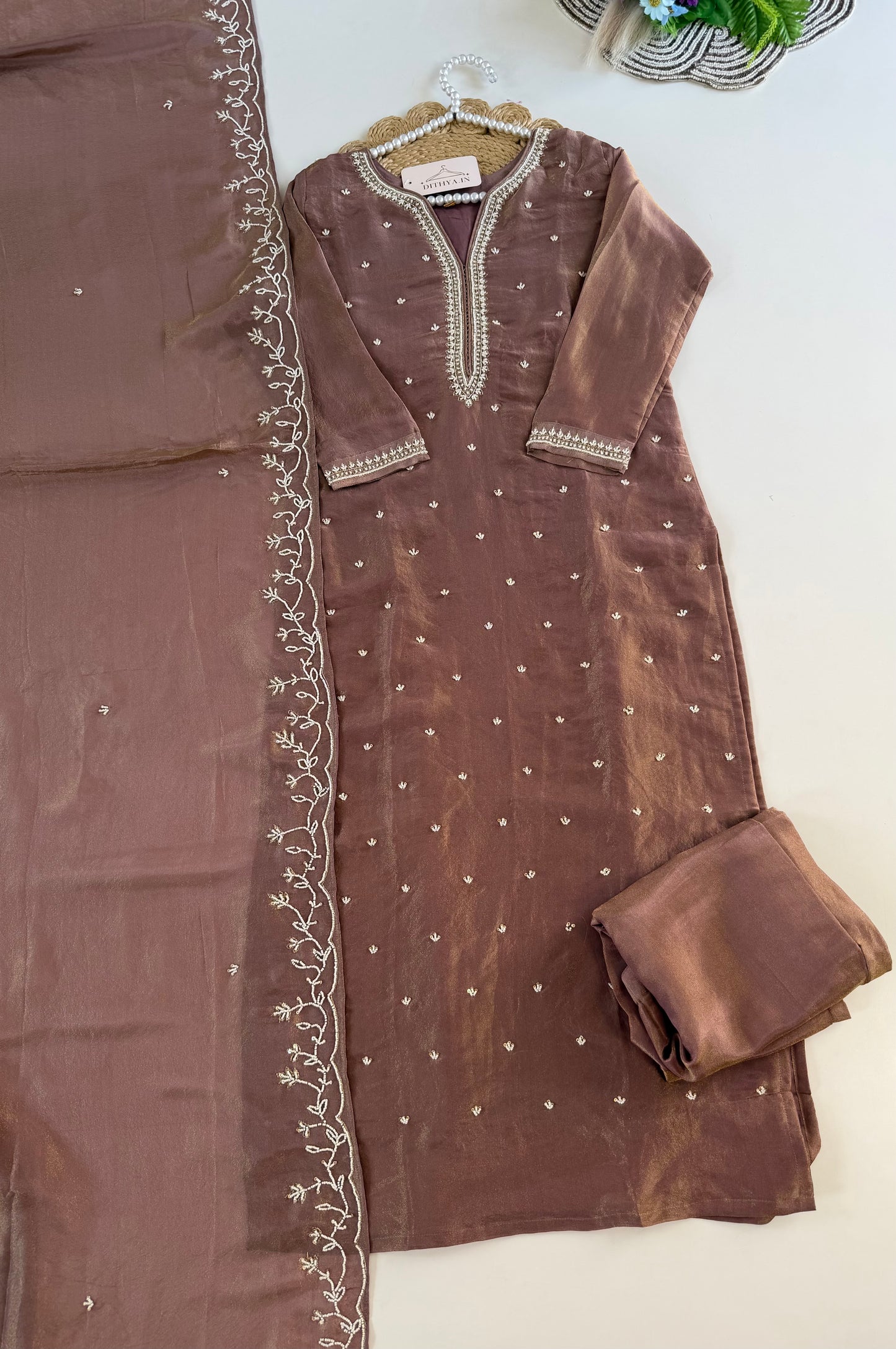 K602 - Tissue silk pearl work straight Kurti with pants and dupatta in 2 colours