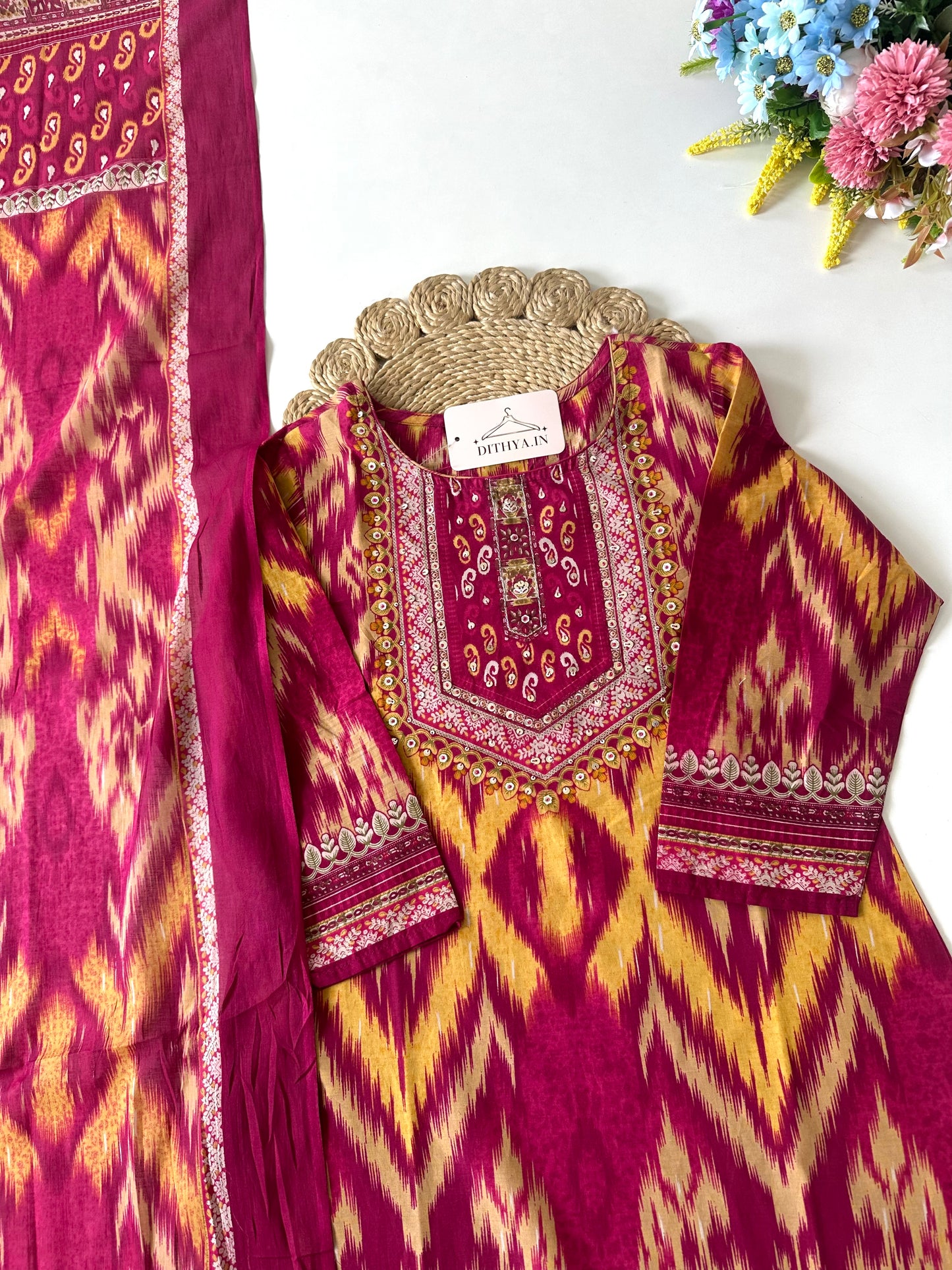 K701 - Mul cotton embroidered straight Kurti with pants and dupatta