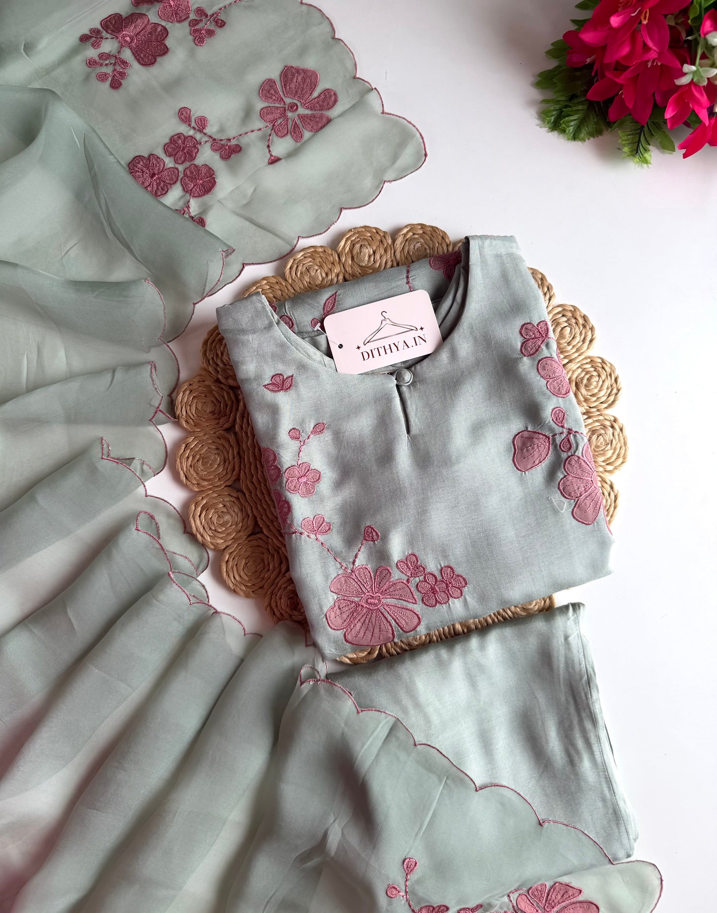 K014 - Russian silk appliqué embroidered straight Kurti with pants and dupatta