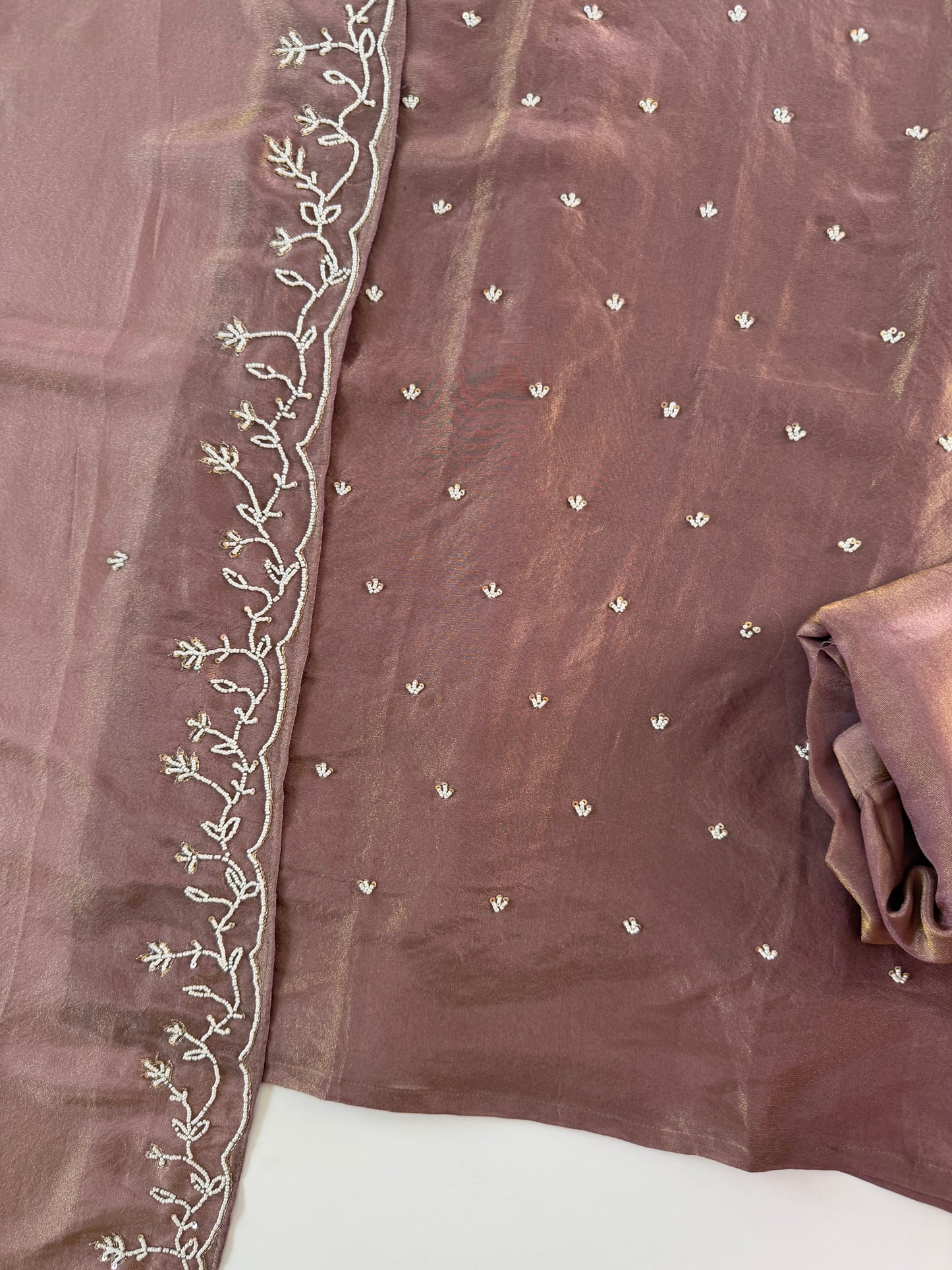 K602 - Tissue silk pearl work straight Kurti with pants and dupatta in 2 colours