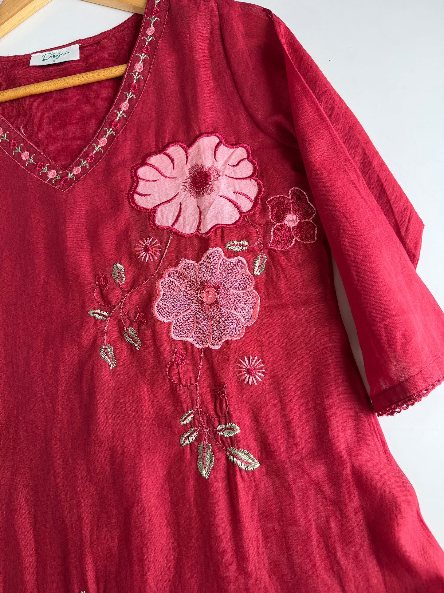 K247 - Mul cotton appliqué embroidered Aline Kurti with pants and dupatta