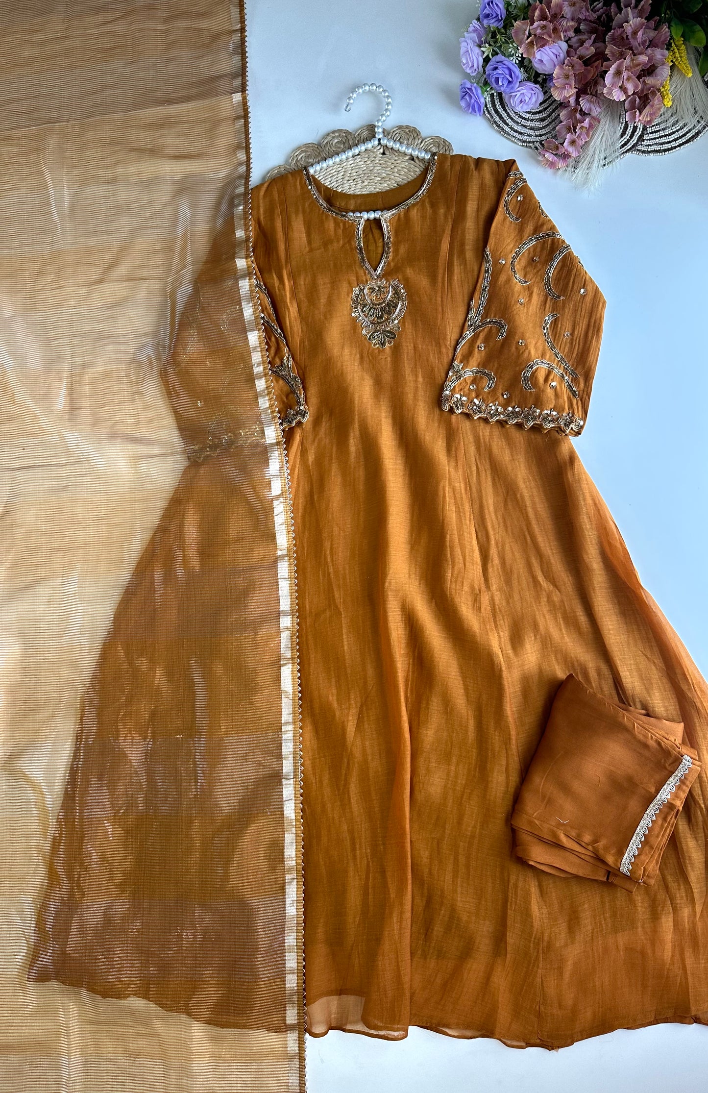 K035 - Mul Chanderi Handwork Aline Kurti with pants and dupatta in 2 colours