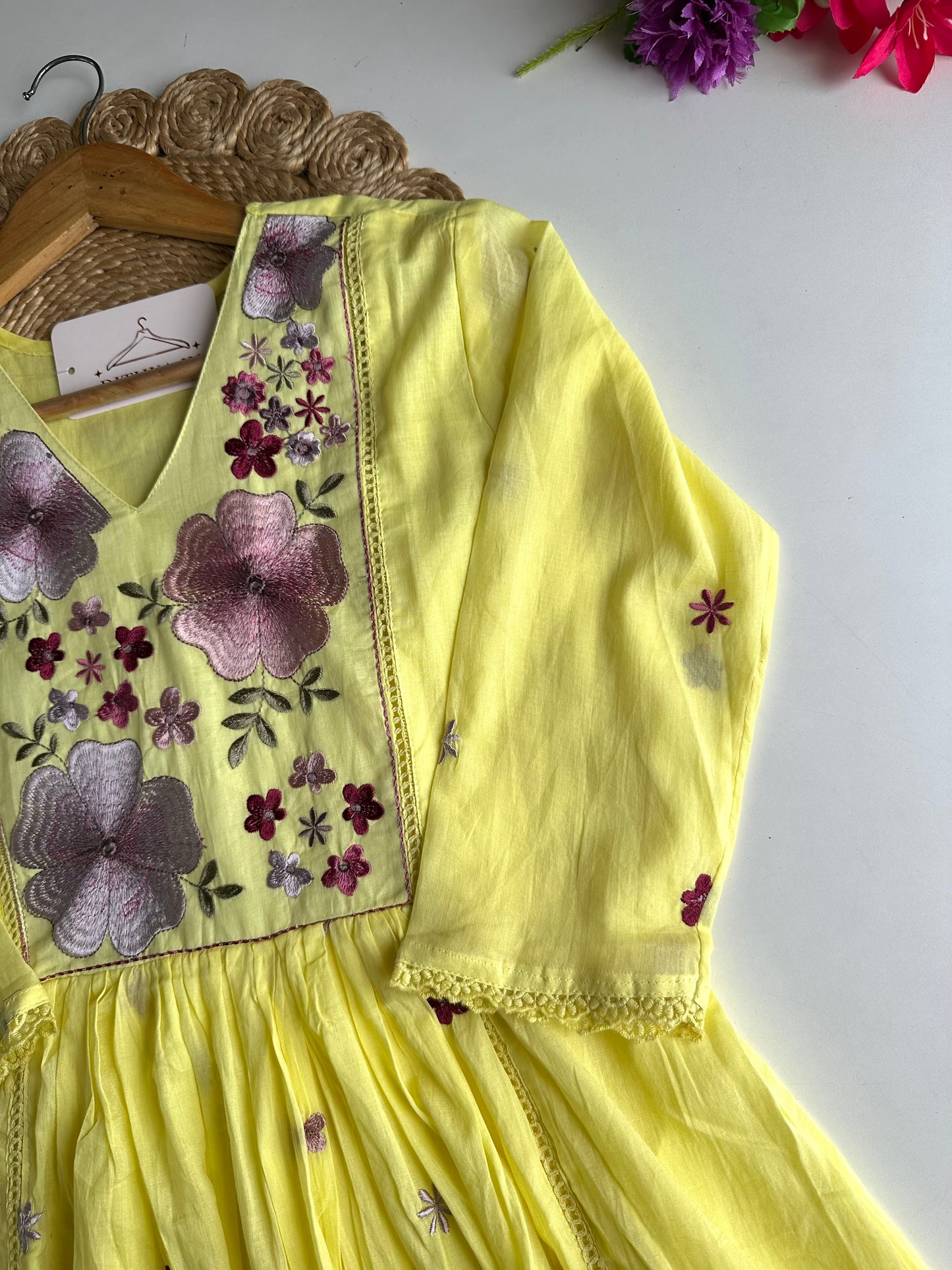 K246 - Mul cotton embroidered Anarkali with pants and dupatta