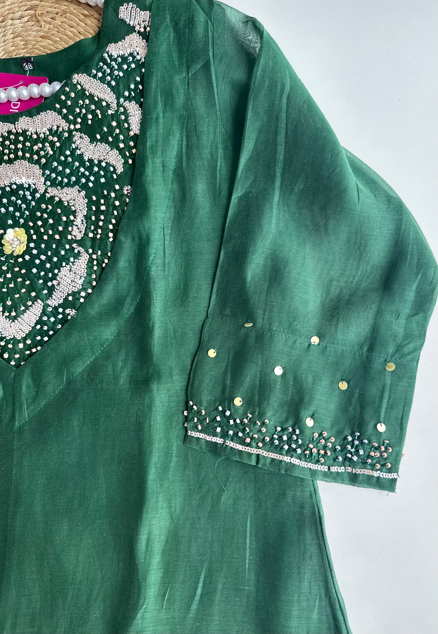 K032 - Pure mul Chanderi handwork Aline Kurti with pants and dupatta in 2 colours
