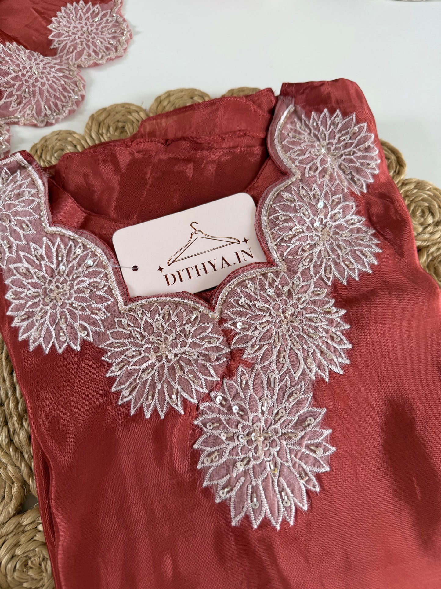 K467 - Pure Ho silk handwork aline Kurti with pants and dupatta