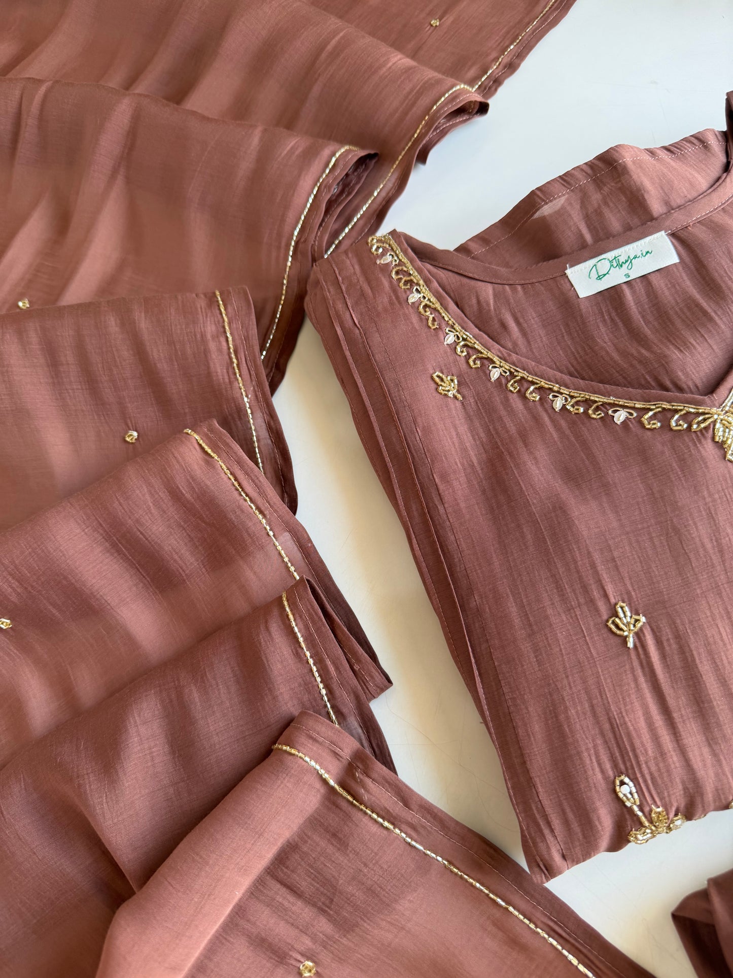 K484 - Surat Mul chanderi handwork aline Kurti with pants and dupatta