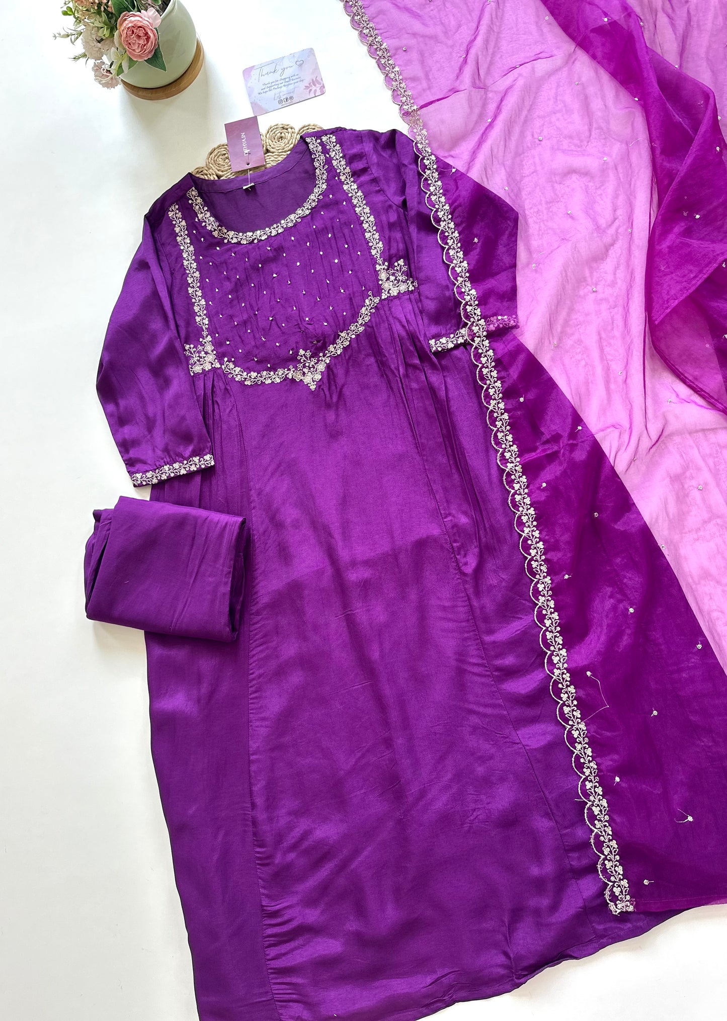 K295 - Russian Silk Zari work Aline kurti with pants and organza scallop dupatta in 2 colours .